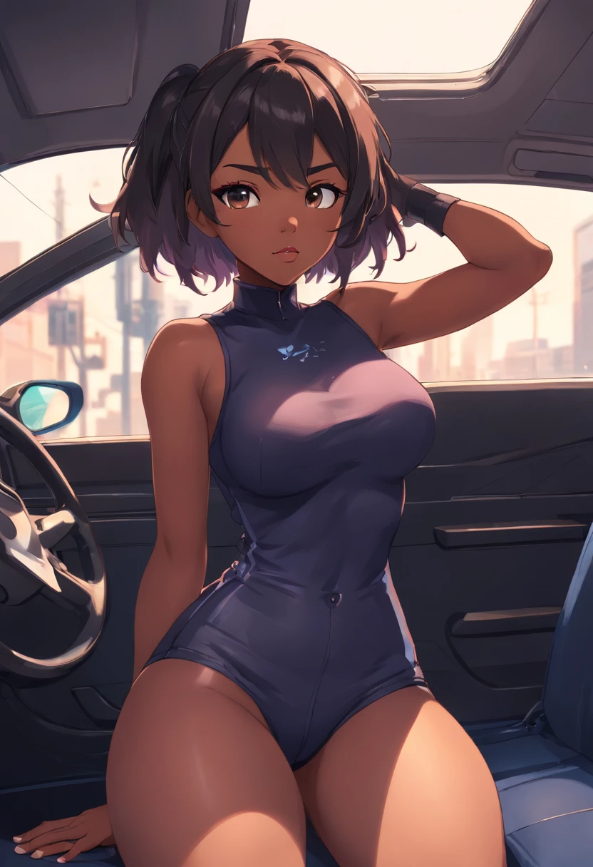 Picture of a A dark-skinned black woman with big tits, big ass, big lips wearing short t-shirt, a booty shorts in a hellcat car, sit up with her thick ass up, her hands on her tits, sex toy next her, (HD)