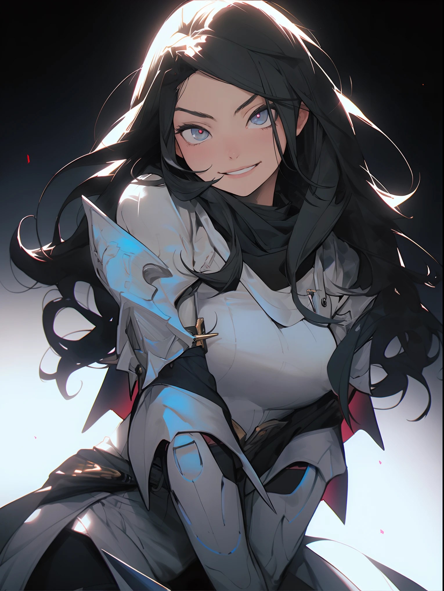 1 Girl, light blue eyes, big black hair, locks of hair, bangs, hair detail, strands of hair detail, (lights effect on hair), ((sexy black knight armor)), big chest, thick legs, thick thigh, background scenery, in hell, surrounding fire, ambient detail, ultra detailed