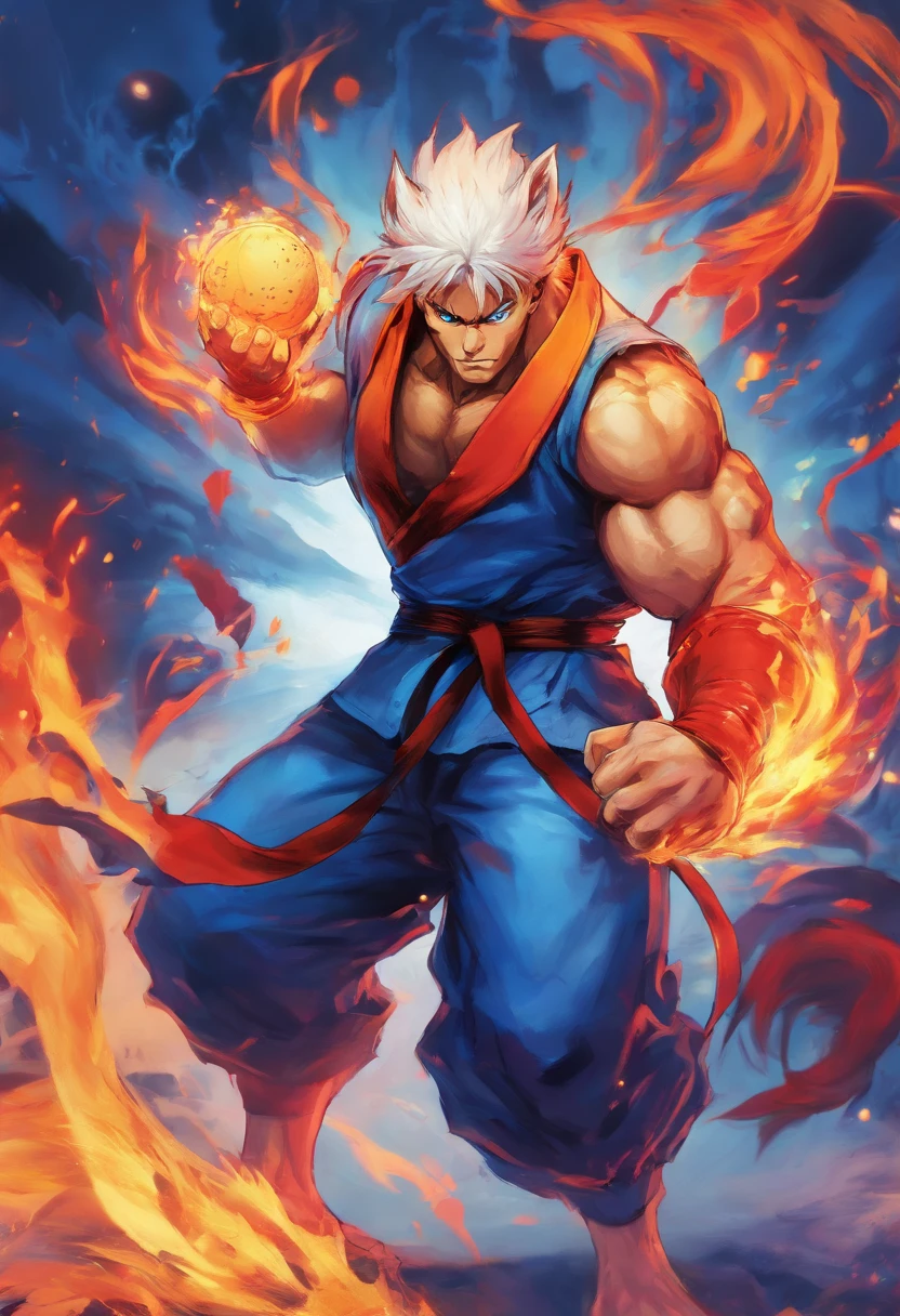 best quality, 8k, A mystical blue fox with flames ade fire on parts of his body holding a soccer ball with his hand, Dark Souls setting, papel de parede do pc,
