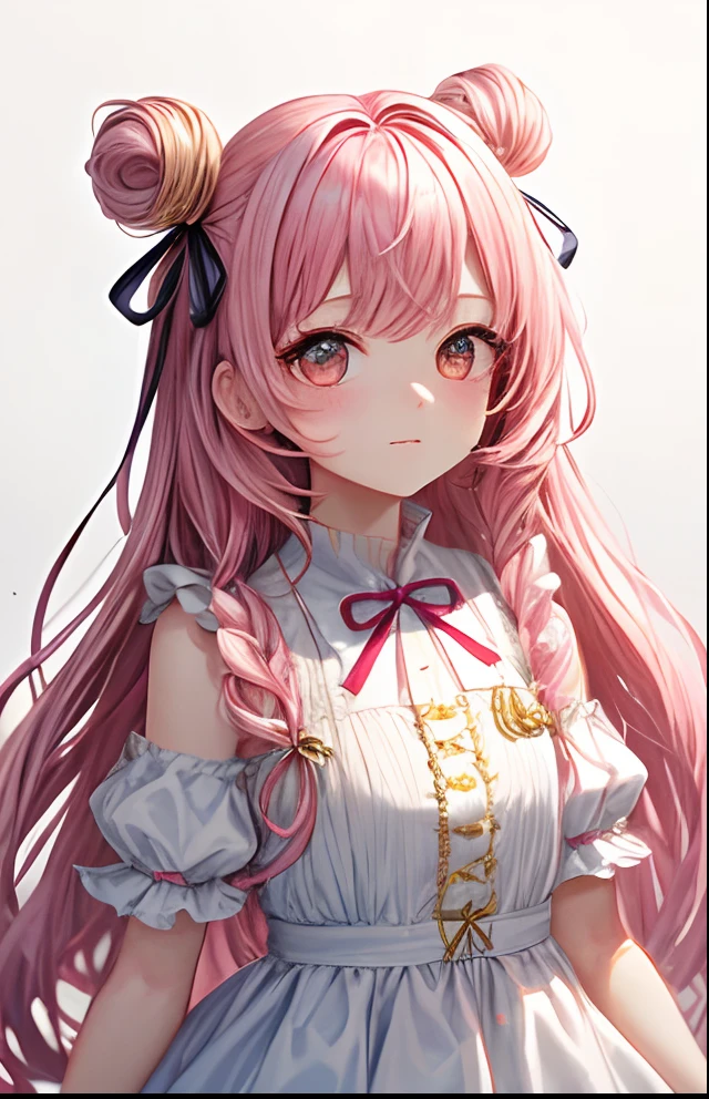 girl with、No background、without background、Background through、Pink hair、Pink gradient、Pink mesh、Pink ash、Golden white eyes、Golden white eyes、Small double knots、Twin-tailed、Two knots、bow ribbon、White and pink dress、Onepiece、kawaii、without background