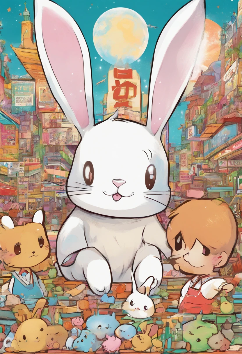 Japanese manga is presented in several irregular panels with colors. Un conejito humano , Conejita de pelaje blanco escapa de un laboratorio y luego se encuentra con un chico de estilo urbano . El estilo es exagerado y detallado. estilo de la coneja humana, peluda cara de nena y cuerpo de conejo cara de nena.Coneja blanca con ojos celestes