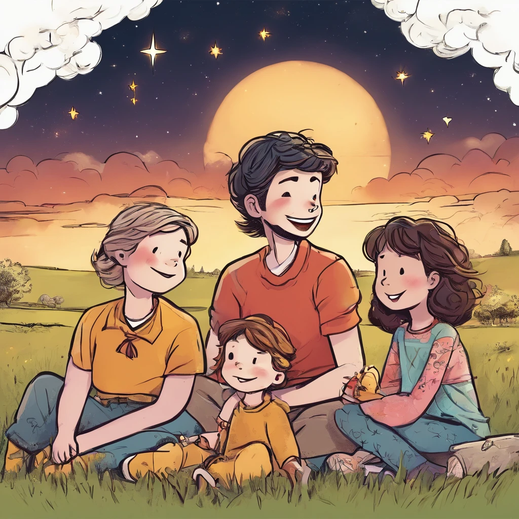 Family sitting on the prairie watching the stars,Full of happiness