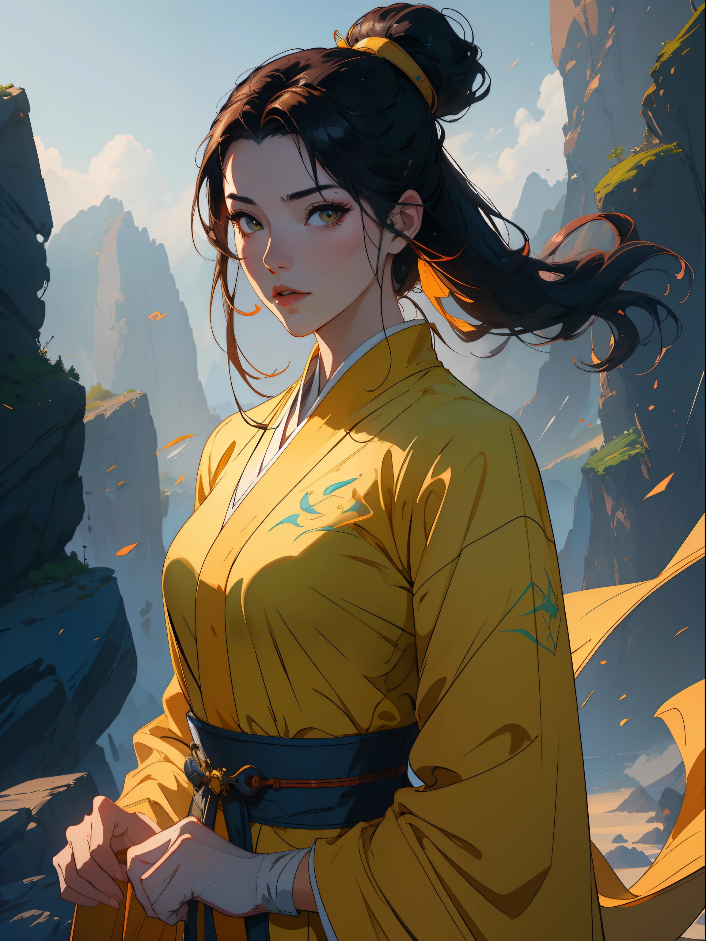 Anime - Style woman in yellow costume standing in front of a mountain, Artgerm and Atey Ghailan, Beautiful character painting, Guviz-style artwork, Ross Rush digital painting, Ross Tran 8 K, by Yang J, alena aenami and artgerm, :: rossdraws, Beautiful digital artwork, Style Artgerm