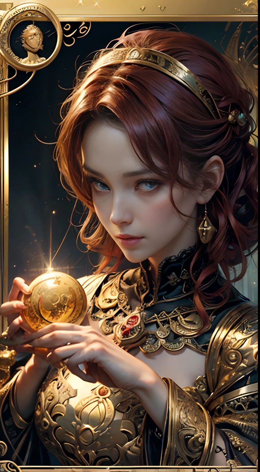 tarot cards，Full tarot border，(The image is surrounded by a tarot card-style border:1.8), 1 man，Hades，shinigami,black toga，，Fire-breathing eyes，angry look，(Hairstyles: Bare flesh curls，red tinted hair)，Beard, Roman mythology unity 8k wallpaper, Ultra-detailed, Beautiful and aesthetically pleasing, tmasterpiece, best qualityer, (s fractal art: 1.3), mountain ranges, Extremely detailed, dynamic angle, Cowboy shot, The most beautiful forms of chaos, elegant, Fauvistdesign, vivd colour, romanticism lain, volcanoes,hell, Buble, shells, Blood, pearls，magma,火焰, Libra, shells, skulls, seele，Hold the giant scythe，Vintage style，Well-developed muscles，（zentangle，datura，Tangles，entangled）， (s fractal art: 1.3)，holy rays，gold foil，Gold leaf art，glitter drawing