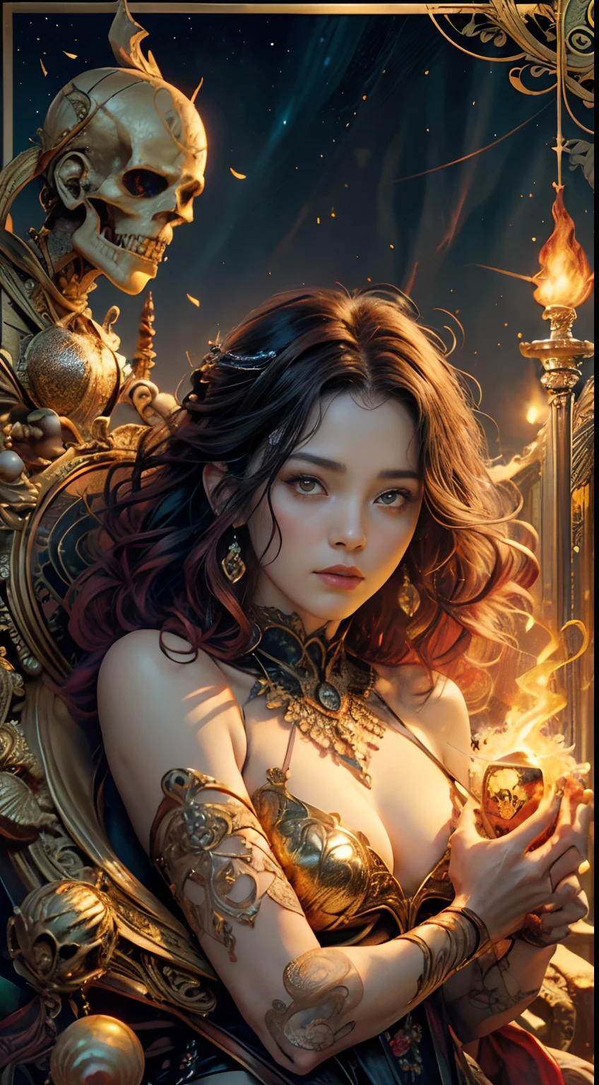 tarot cards,Full tarot border,(The image is surrounded by a tarot card-style border:1.8), 1 man,Hades,shinigami,black toga,,Fire-breathing eyes,angry look,(Hairstyles: Bare flesh curls,red tinted hair),Beard, Roman mythology unity 8k wallpaper, Ultra-detailed, Beautiful and aesthetically pleasing, tmasterpiece, best qualityer, (s fractal art: 1.3), mountain ranges, Extremely detailed, dynamic angle, Cowboy shot, The most beautiful forms of chaos, elegant, Fauvistdesign, vivd colour, romanticism lain, volcanoes,hell, Buble, shells, Blood, pearls,magma,火焰, Libra, shells, skulls, seele,Hold the giant scythe,Vintage style,Well-developed muscles,(zentangle,datura,Tangles,entangled), (s fractal art: 1.3),holy rays,gold foil,Gold leaf art,glitter drawing
