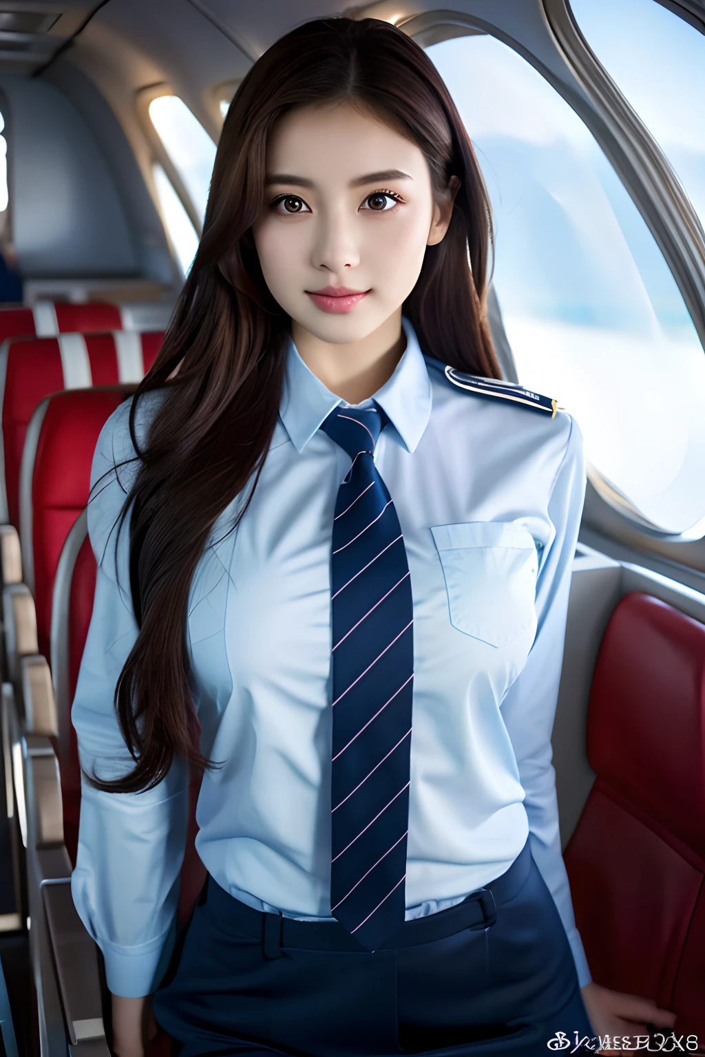 Top Quality, Masterpiece, 8K, Ultra High Definition, (Photorealistic: 1.4), 1 Girl, Beautiful Face, Symmetrical Eyes, Big, Perfect Body Proportions, Stewardess Uniform, Viewer's Look, (Inside the Airplane: 1.2), Front View, Shoulder Jump, Absolute Area (1.3),