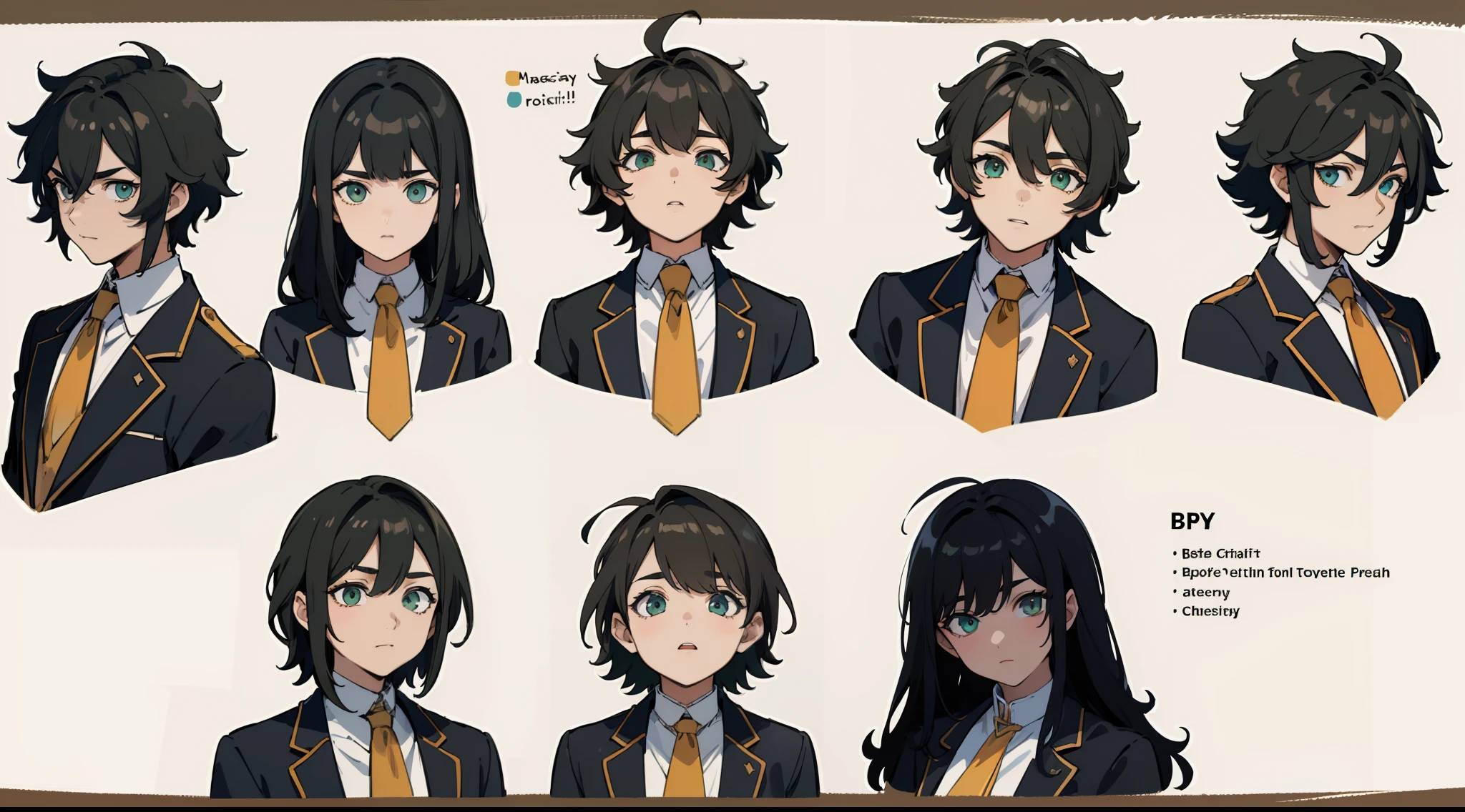 ((Masterpiece, Highest quality)), Detailed face, character sheets, full bodyesbian, 1boys, Green eyes, Black hair, short detailed hair, Messy hair, ((pointy hair)), hair between eye,White priesthood dress,Full of details, Multiple poses and expressions, Highly detailed, Depth, Many parts