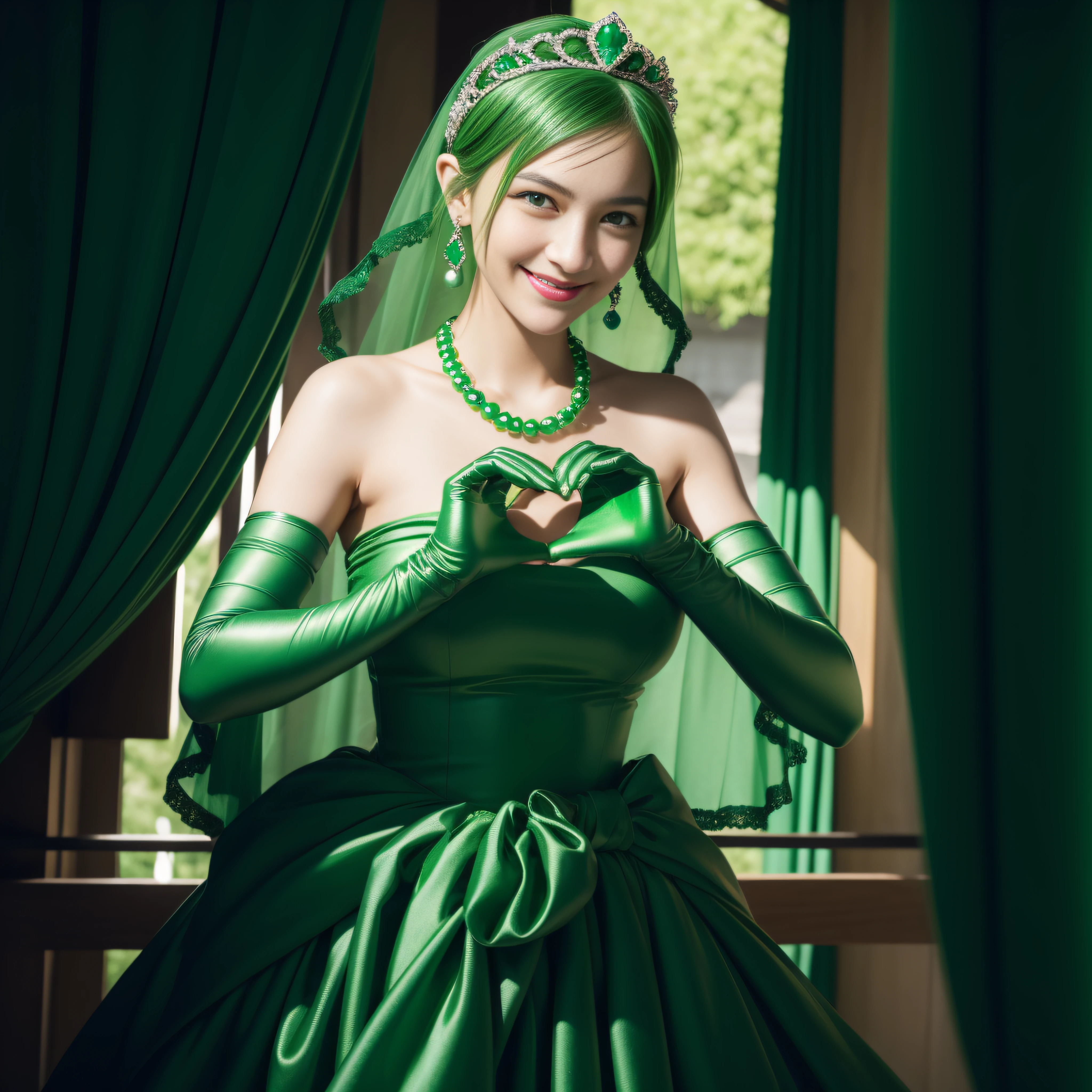 emerald tiara, Green Pearl Necklace, Boyish very short green hair, lipsticks, Japan woman smiling, very short short hair, big breasts beautiful, Green eyes, Long green gloves made of satin material, Green eyes, Emerald Earrings, green vale, Heart with both hands