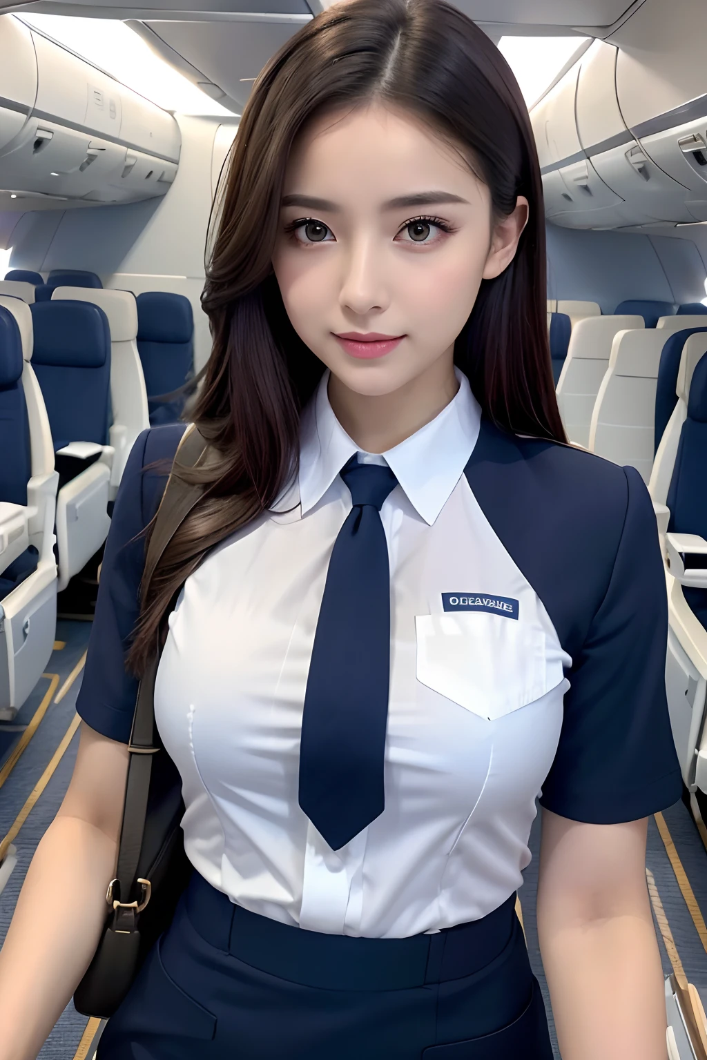 (top-quality、​masterpiece:1.2)、Best Quality、realisitic、photoshot、hight resolution、1080p、8K、Textured skin、Physical Rendering、1 Japan Girls、a junior high school student、kawaii、Young Face、Rolled hair、(Japan Air Stewardess:1.5)、On the plane、full of shyness、smil、Big