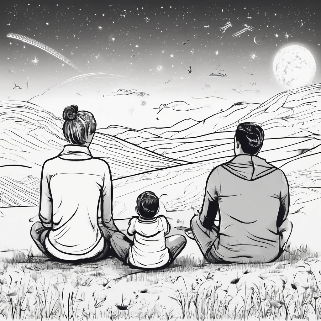 Family sitting on the prairie watching the stars,Full of happiness