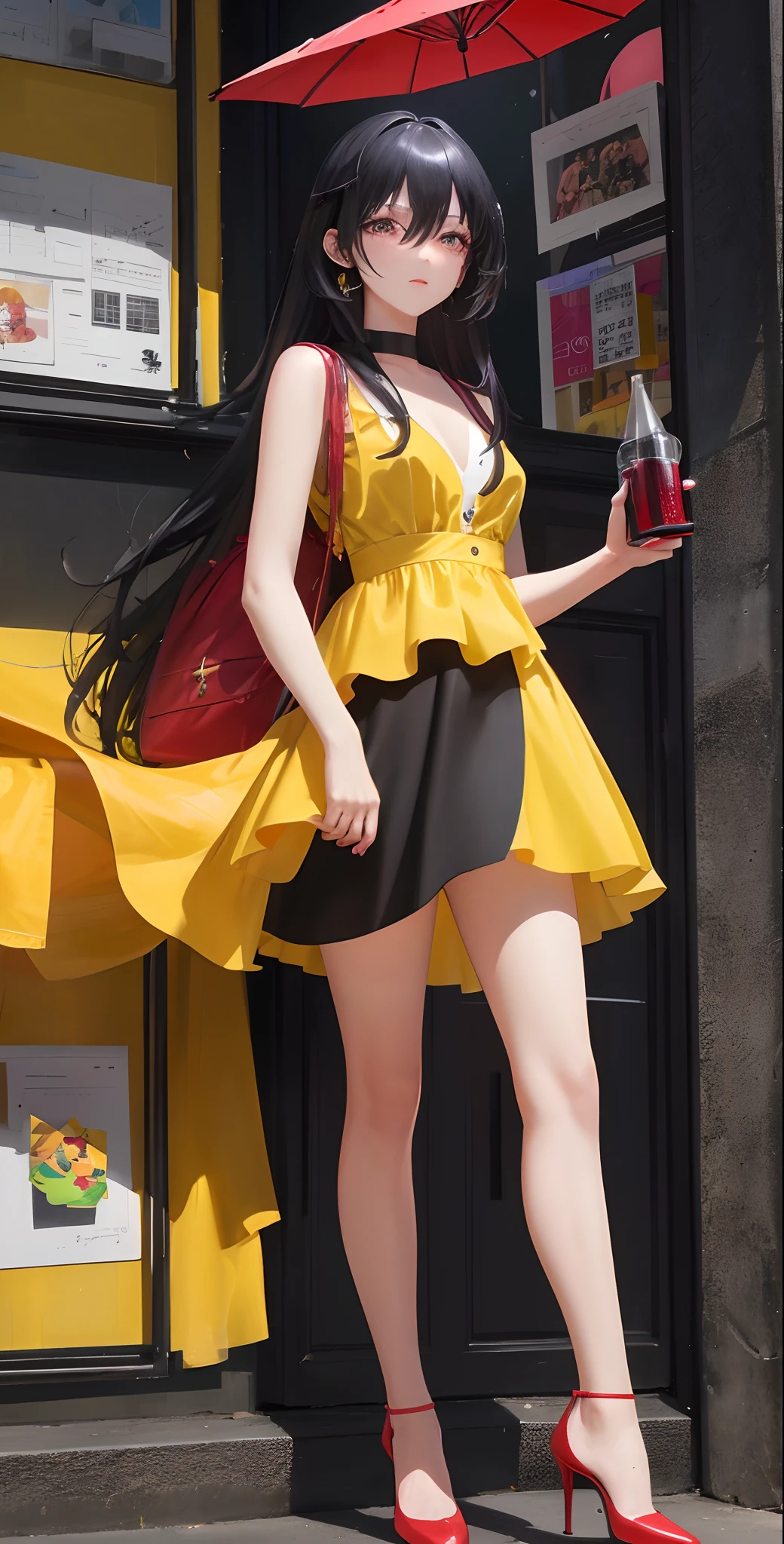 (tmasterpiece,best qualtiy:1.2),(ultra - detailed),Ultra photo realsisim,fully body photo,1womanl,Jet-black hair,Hair of medium length,Princess head,Wearing a small yellow dress,The skirt of the lower body is short,Half of the thighs are exposed,The soles of the feet are stepped on red high heels