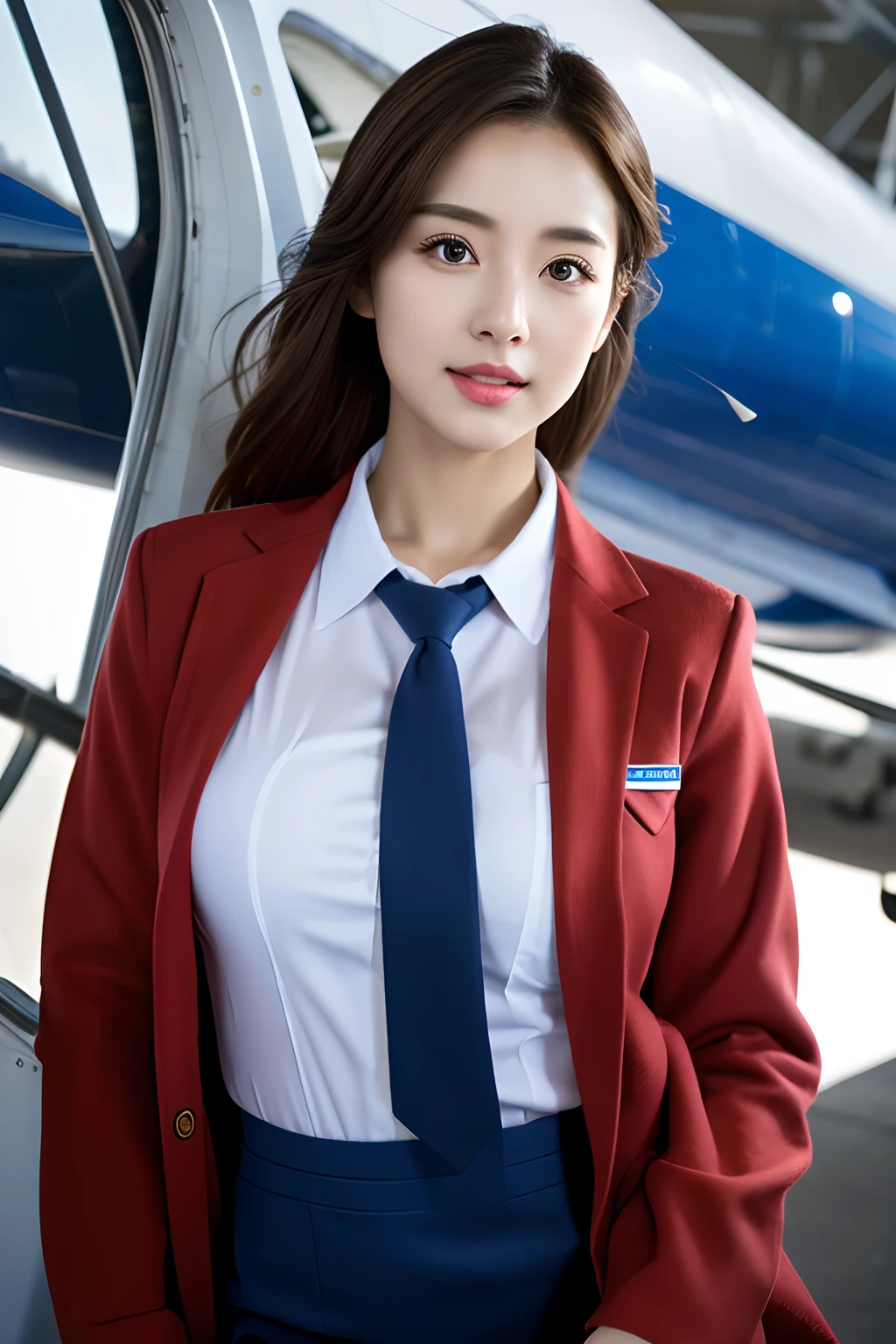 Top Quality, Masterpiece, 8K, Ultra High Definition, (Photorealistic: 1.4), 1 Girl, Beautiful Face, Symmetrical Eyes, Big, Perfect Body Proportions, Stewardess Uniform, Viewer's Look, (Inside the Airplane: 1.2), Front View, Shoulder Jump, Absolute Area (1.3),