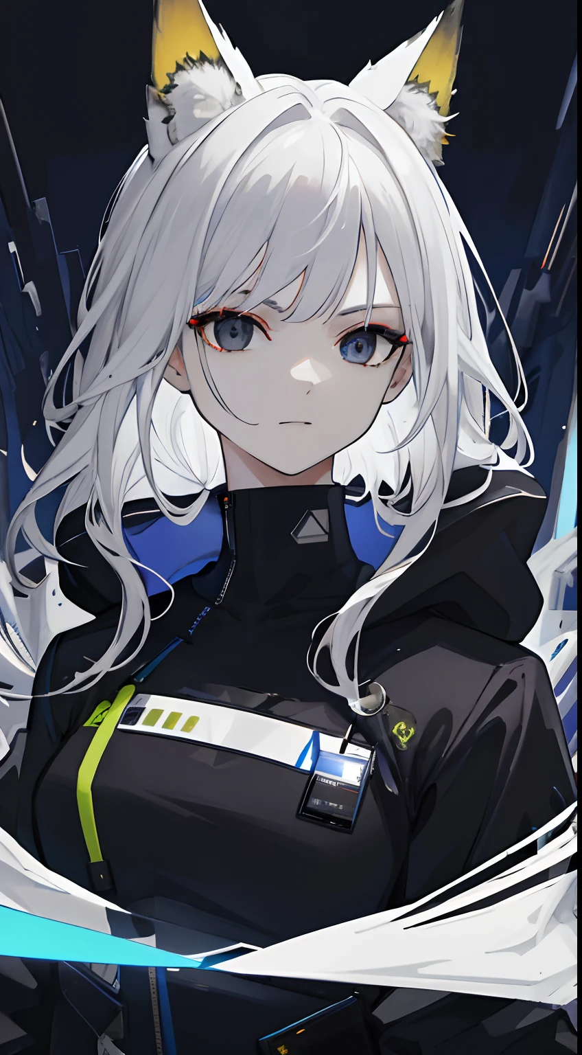 (absurdres, highres, ultra detailed), 1woman, mature female, aged up, wavy long hair, white hair, black eyes, bangs, long sleeves, finely detailed eyes and detailed face, extremely detailed CG unity 8k wallpaper, intricate details, portrait, looking at viewer, solo, (full body:0.6), detailed background, detailed face, (matrix theme:1.1) evil high-tech futuristic hacker,  advanced technology, hoodie, techwear, wearable device, keycard, cables, head-up display, blue (holographic display:1.05), access granted,   cybersecurity, server room in background, orange lights,  dark sinister atmosphere, , portrait, wind swirling