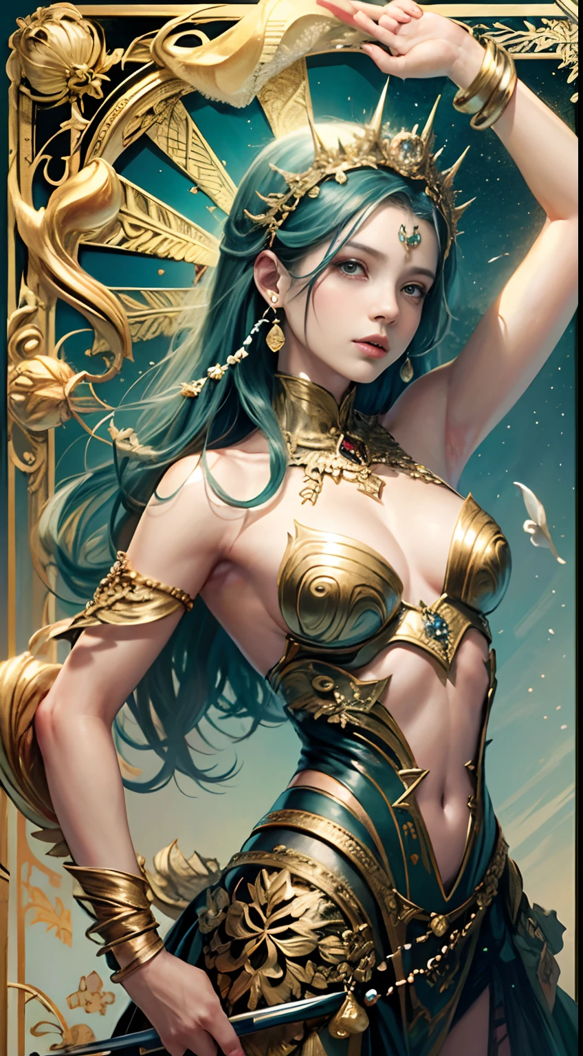 tarot cards，Full tarot border，(The image is surrounded by a tarot card-style border:1.8)，Fang Yi, Unity 8k壁纸, Ultra-detailed, Beautiful and aesthetically pleasing, tmasterpiece, best qualityer, (zentangle, datura, clew, meshing), (s fractal art: 1.3), Zeus，heavenly gods, (Hairstyles: cabellos largos dorados) Ocean, Extremely detailed, dynamic angle, Cowboy shot, The most beautiful forms of chaos, elegant, Fauvistdesign, vivd colour, romanticism lain, Seafoam, Buble, shells, Fish, pearls，mountain ranges, Buble, shells, hawk, pearls，salama，Olympus Mountains，Take the Spear of Thunder，Vintage style，Well-developed muscles，（zentangle，datura，Tangles，entangled）， (s fractal art: 1.3)，holy rays，gold foil，Gold leaf art，glitter drawing