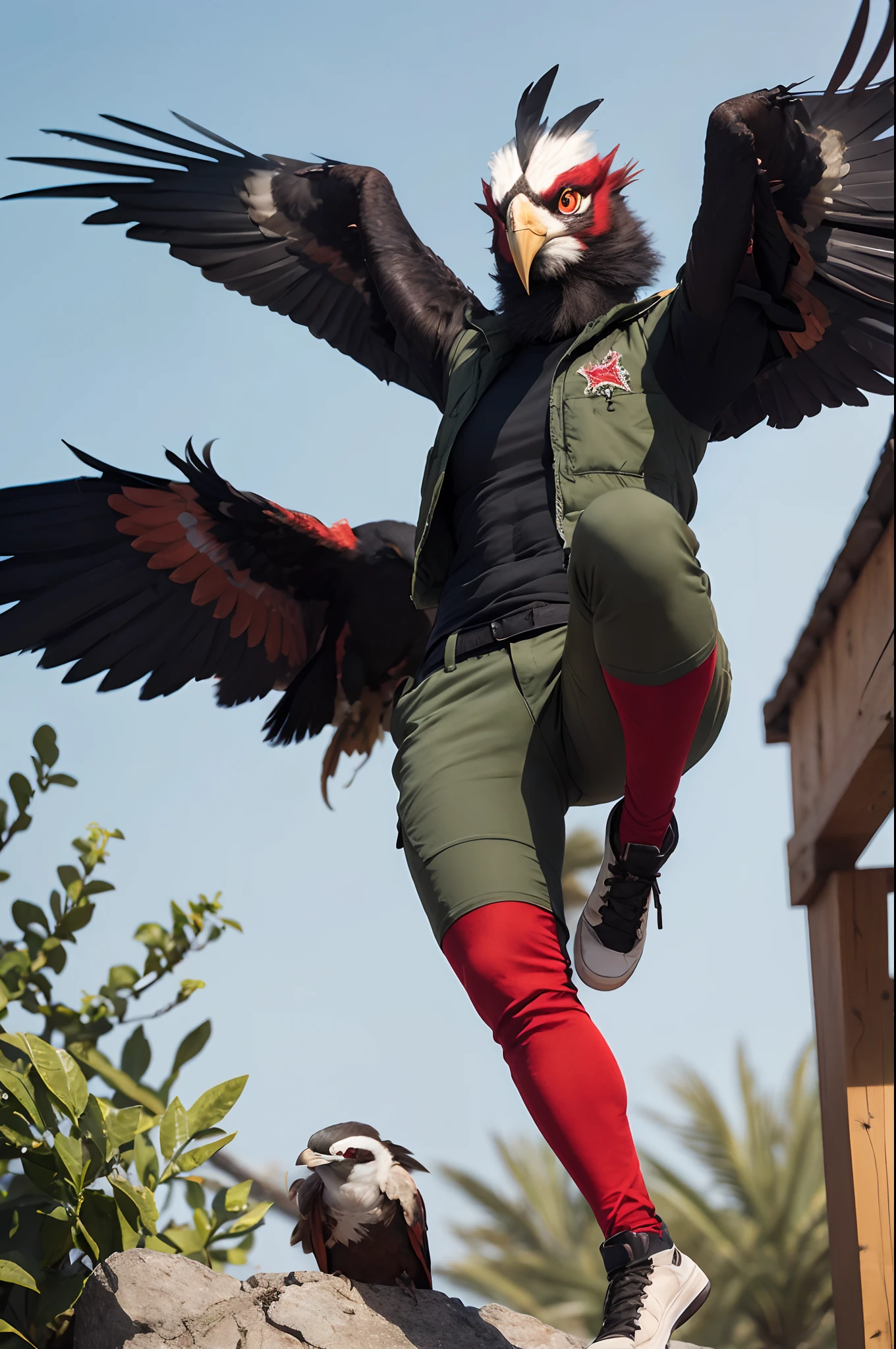 Red bearded vulture aarakocra dnd with a black skin tight shirt and olive green short that go down to the ankle