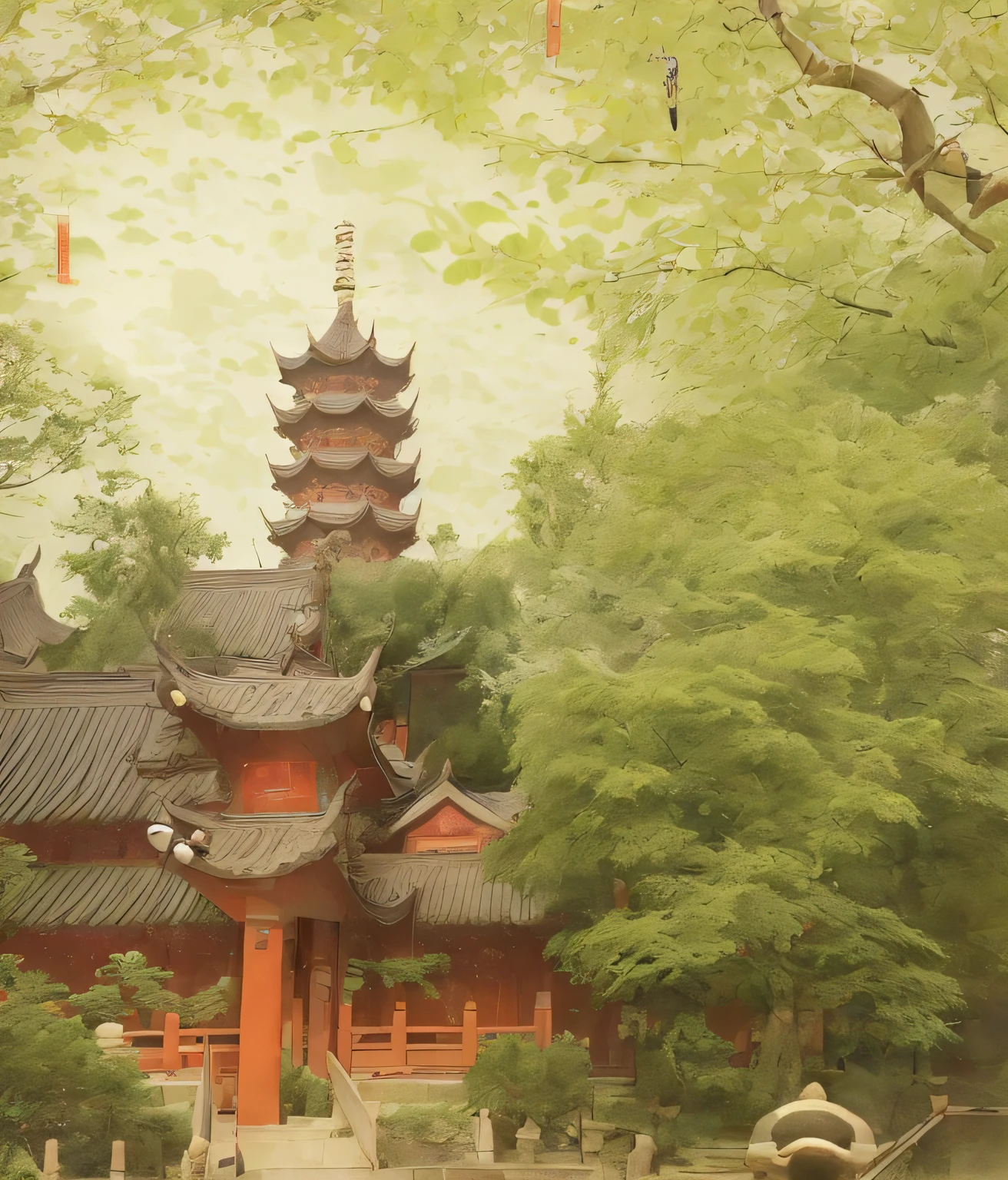 There is a pagoda in the middle of the park,There is a statue inside, Taoist temples and monks, A temple, Chinese style buildings, Chinese architecture, With a Chinese temple, chinese temple, pagoda with a lot of wind chimes, pagoda, Ancient Chinese architecture, large temples, Temple, buddhist temple, ancien chinese tower, nanking,Jin dynasty