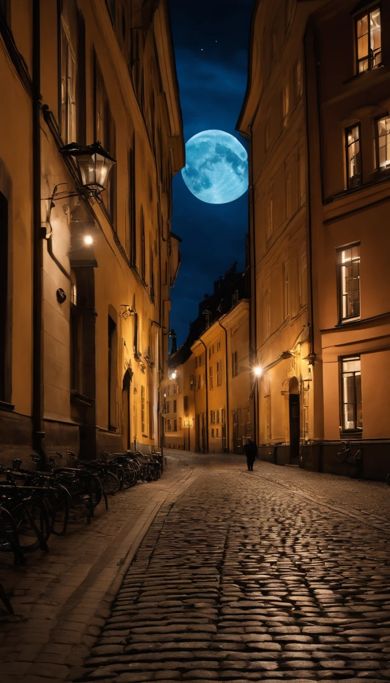 ((City of Stockholm)) sweden, cinematic lightning, ((Moonlight and starry night)), The core is low-key, best qualityer, Hyper-Resolution, ultra-realistic realism, hyper wide view, Sharpness