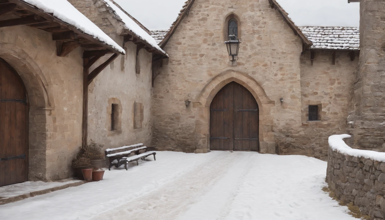 exterior of eastern european castle medieval stables, cobbled pathway leading to entrance, snow, winter, day, (best quality,4k,8k,highres,masterpiece:1.2),ultra-detailed,(realistic,photorealistic,photo-realistic:1.37) cinematic, cinematic scene from film, lively ambience, busy stables, guests arriving