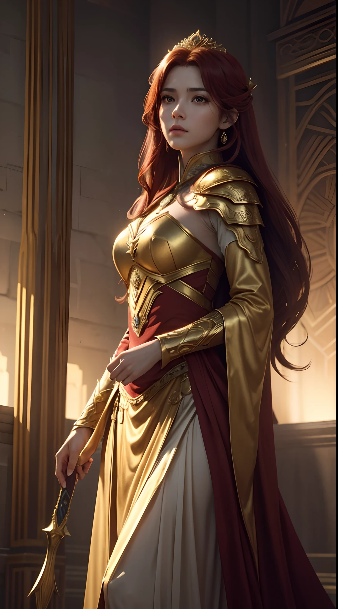 Gold and red tones、Fantasia、Babylonia、the wind、Heroic figures on the battlefield、Best Quality, Very high resolution, 4K Detail CG, master piece、aesthetics、Mysterious、Queen of Thrones、Charisma、Ishtar, Goddess of War、Increase your fighting spirit、Invincible Great General、Be brave and bold、brave、great、rigor、Awe-inspiring Hall々、glorias、Prestige、Veteran Hero、An unparalleled beauty with a sharp gaze、Rin々Right、Guardians of Lions、refinement、noble、Proud、Wearing noble jewelry、Equip your weapons、The appearance is luxurious and golden armor、cloaks、tall and slender、Long hair with fiery red hair、thirds rule、Perfect Angle、perfect-composition、low angles、Perfect light and shadow contrast、(((masterpiece)))、(((top-quality)))、((ultra-definition))、(High Definition CG Illustration)、((extremely delicate and beautiful))、Cinematic Light、)