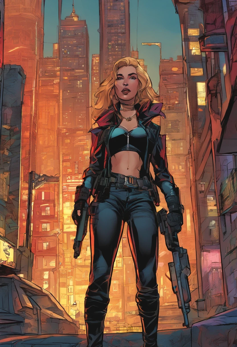 [best quality, highres, realistic:1.37], anti-hero with [black with blonde highlights] hair, [hispanic women], [stealing abilities], [blood control] and [covered hero suit], in a [dark urban setting]. The painting style should be [photorealistic], with [vivid colors] and [sharp focus]. The overall tone should be [mysterious], with [contrasting lighting] that creates [dramatic shadows]. The anti-hero should have [intense eyes], [delicately shaped lips], and [meticulously detailed facial features]. The background should include [skyscrapers], [alleyways], and [city lights].