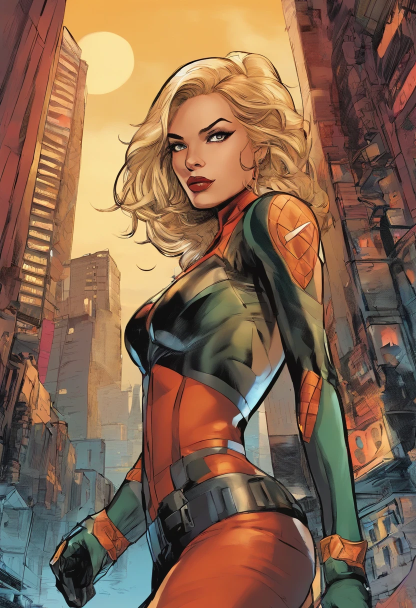A woman in a red and green outfit standing in a city - SeaArt AI