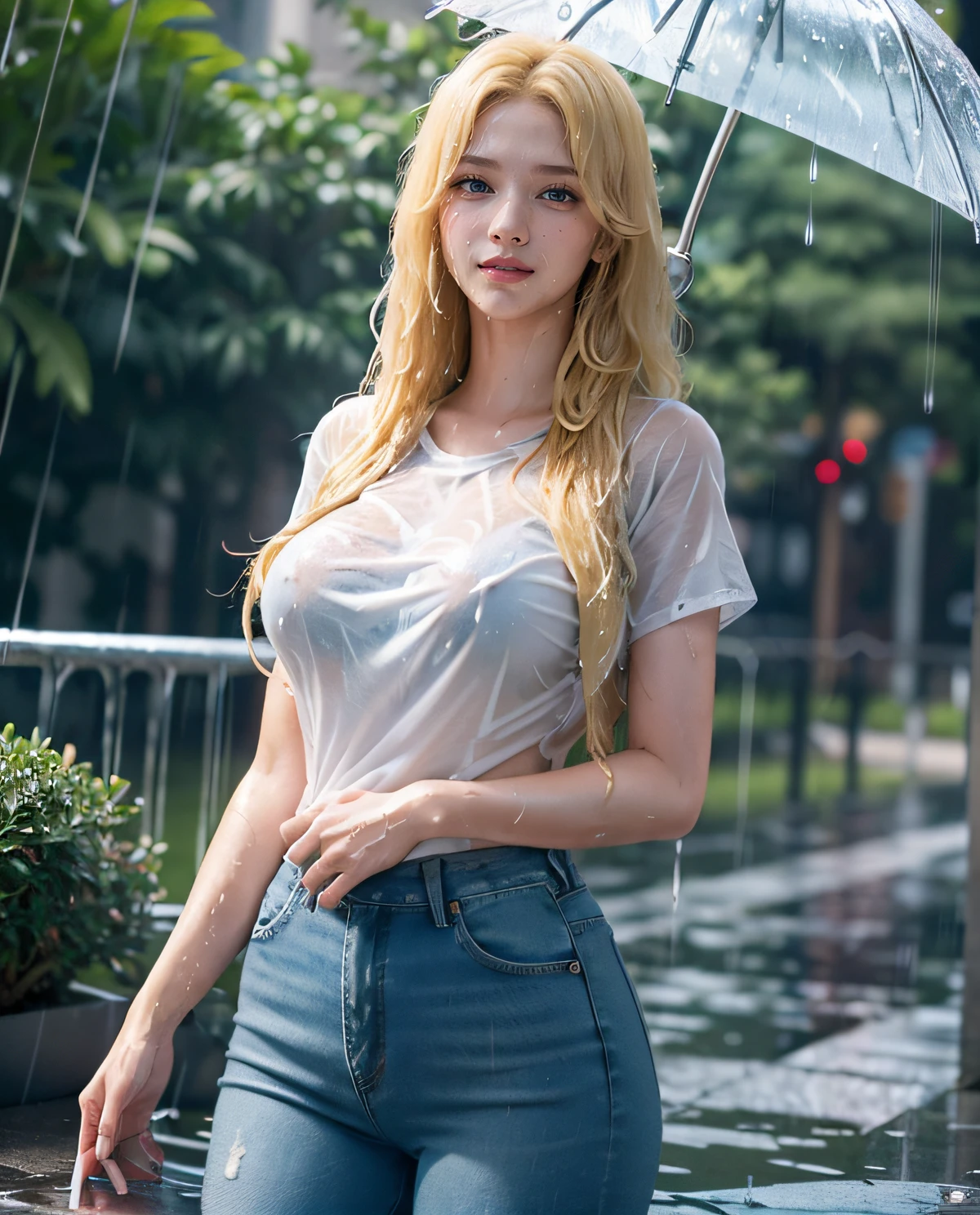 1girl, Blue eyes, (smile), (Sana Minatozaki), wide hips, Big Boobs, big ass, (Best Quality, 8k, Masterpiece: 1.3), perfect hands, Clear Focus: 1.2, Perfect Body Beauty: 1.4 , Slender Abs: 1.2, Highly detailed face and skin texture, (rain soaked body :1.3), detailed eyes, double eyelids, (blonde wet long hair :1.4), (wet t-shirt :1.1), (jeans), (standing in the rain :1.3), dynamic pose, in a busy neighborhood of Tokyo