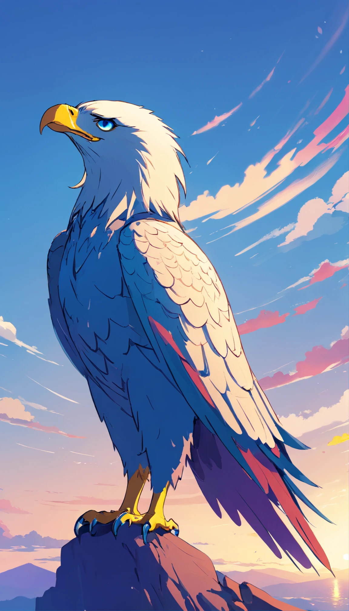 A realistically-sized white raven is sitting on a bitcoin with its wings spread open. The background is darker, and its head is facing the camera. anime style
