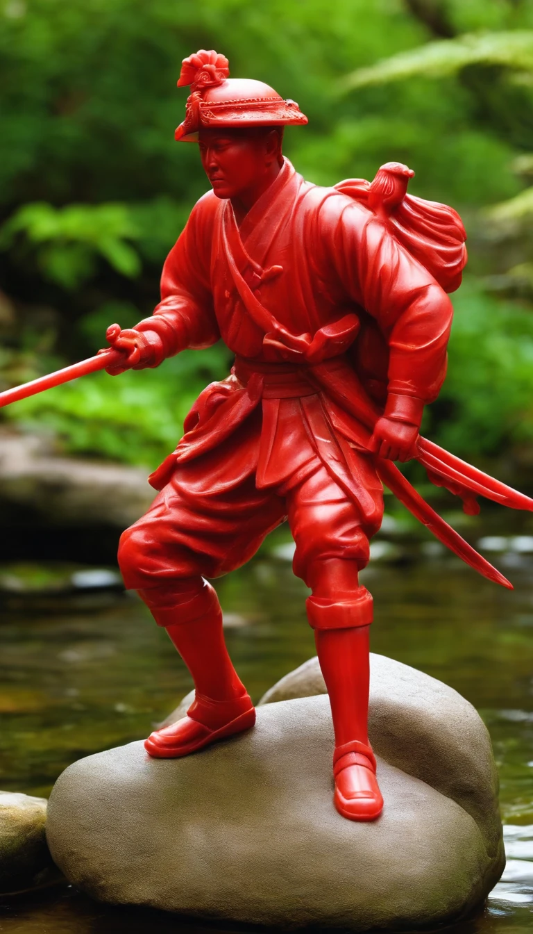 Statue of a Japanese soldier made of red jade placed on a rock in the stream
