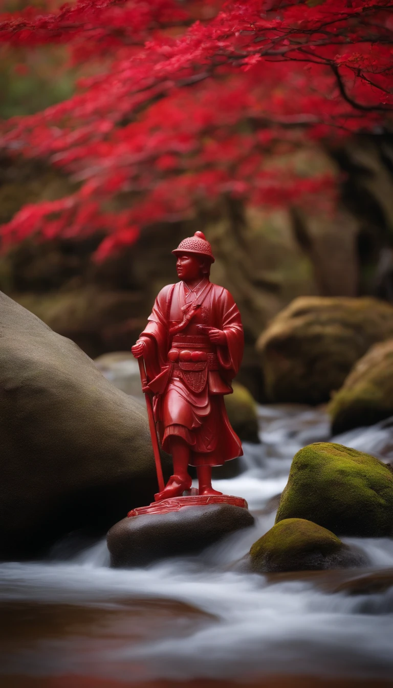 Statue of a Japanese soldier made of red jade placed on a rock in the stream