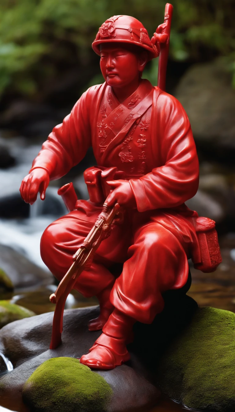 Statue of a Japanese soldier made of red jade placed on a rock in the stream