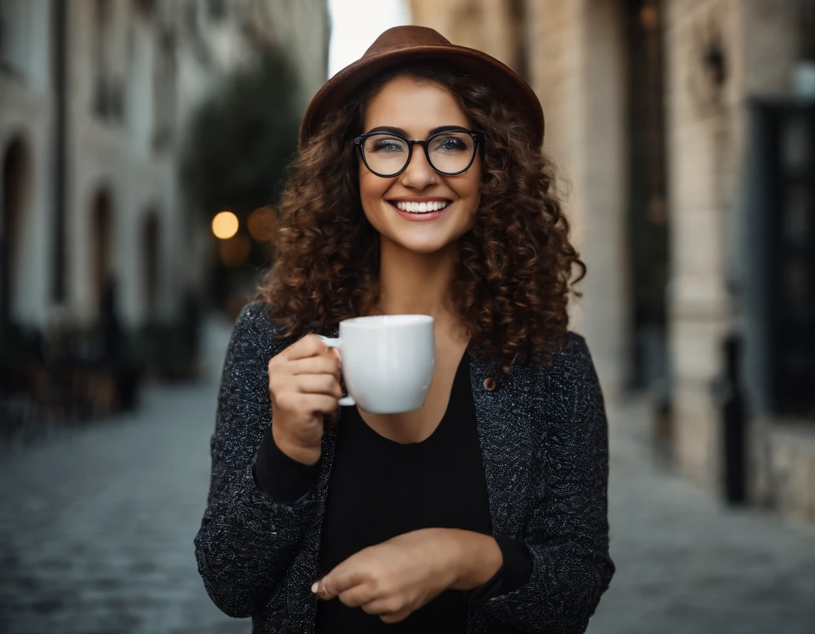 Smiling woman wearing glasses holding a cup of coffee, girl wearing round glasses, girl with glasses, slightly nerdy smile, wearing round glasses, cute little nerdy smile, wearing black frame glasses, with glasses, big round glasses, wearing small round glasses, beautiful Smiling, thick glasses, Jovanna Recalo, attractive, stunning girl, smiling young woman, standing