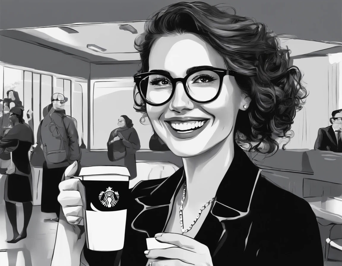 Smiling woman wearing glasses holding a cup of coffee, girl wearing round glasses, girl with glasses, slightly nerdy smile, wearing round glasses, cute little nerdy smile, wearing black frame glasses, with glasses, big round glasses, wearing small round glasses, beautiful Smiling, thick glasses, Jovanna Recalo, attractive, stunning girl, smiling young woman, standing