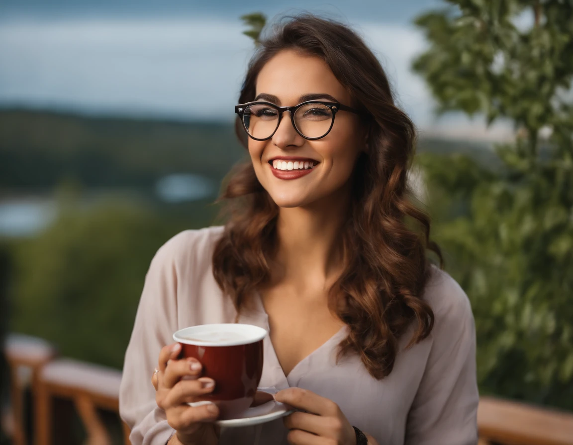 Smiling woman wearing glasses holding a cup of coffee, girl wearing round glasses, girl with glasses, slightly nerdy smile, wearing round glasses, cute little nerdy smile, wearing black frame glasses, with glasses, big round glasses, wearing small round glasses, beautiful Smiling, thick glasses, Jovanna Recalo, attractive, stunning girl, smiling young woman, standing