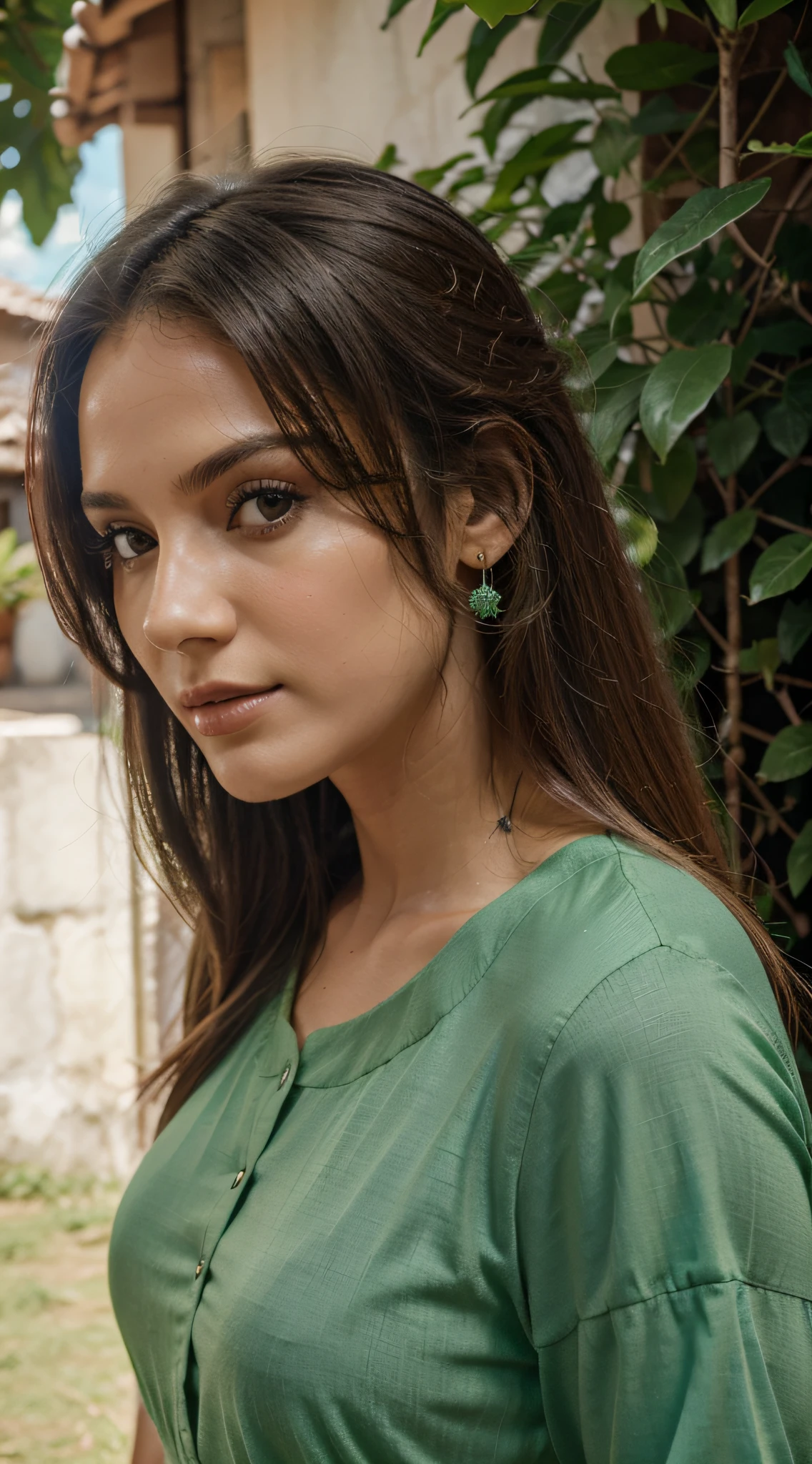 mulher branca, cabelos pretos longos, vestido verde, perfil, ambiente sombrio,