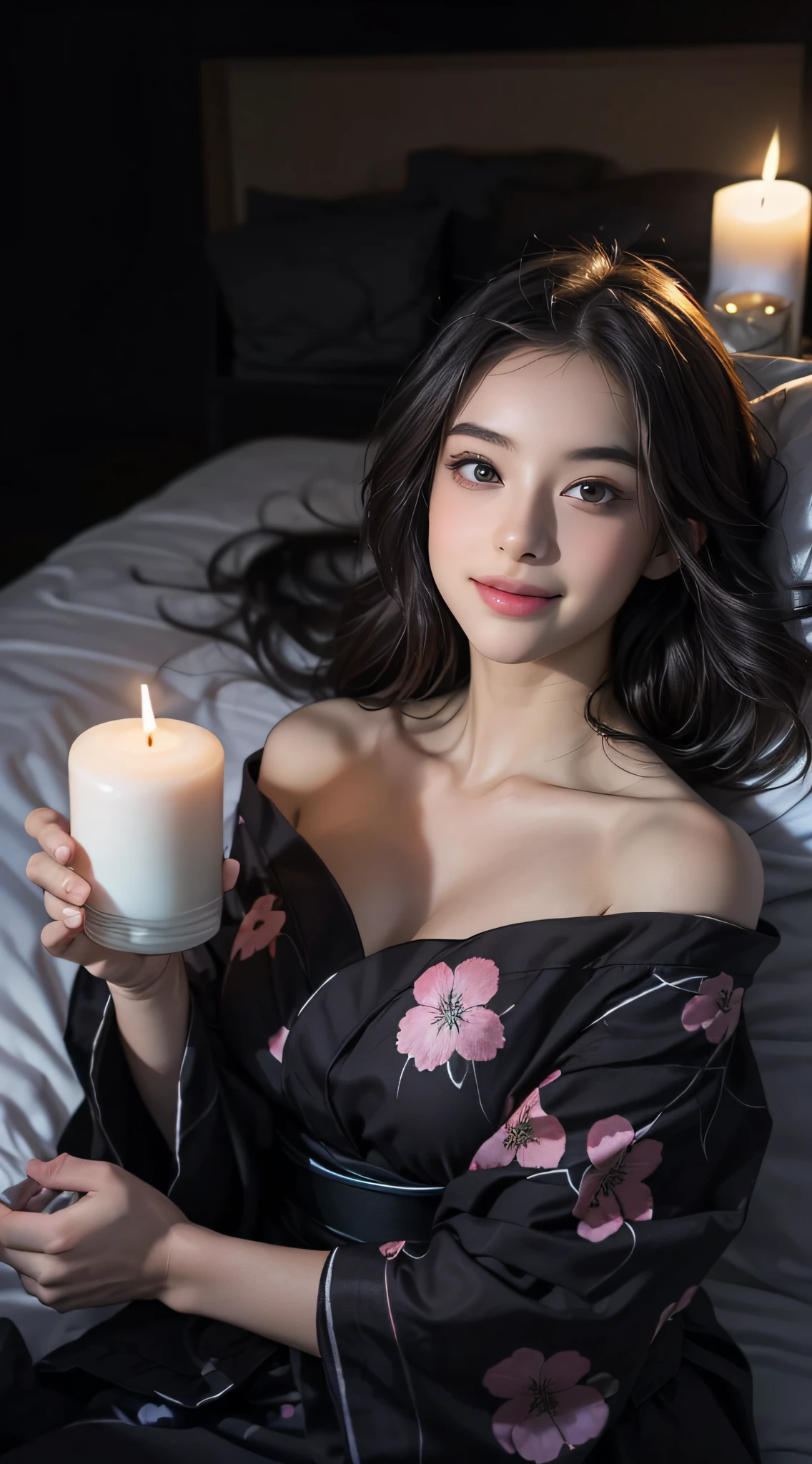 (1girl), Extremely cute face, Amazing face and eyes, (Highly detailed eyes, Highly detailed face), fresh, Very clean appearance, (Hyper-realistic, hight resolution), (Best Quality:1.4), Raw photo, (Realistic, Photorealsitic:1.37), Professional Photography, (floral pattern yukata:1.25), (Amazing big:1.1), (Open yukata), (Bare shoulders), Smile slightly, (Lying face up on a futon:1.5), (Staring at me), Bedroom, futon bedding, pillows, floral screens, Relaxing, (It's pitch black in the bedroom:1.6), (Only the brightness of one candle:1.5),