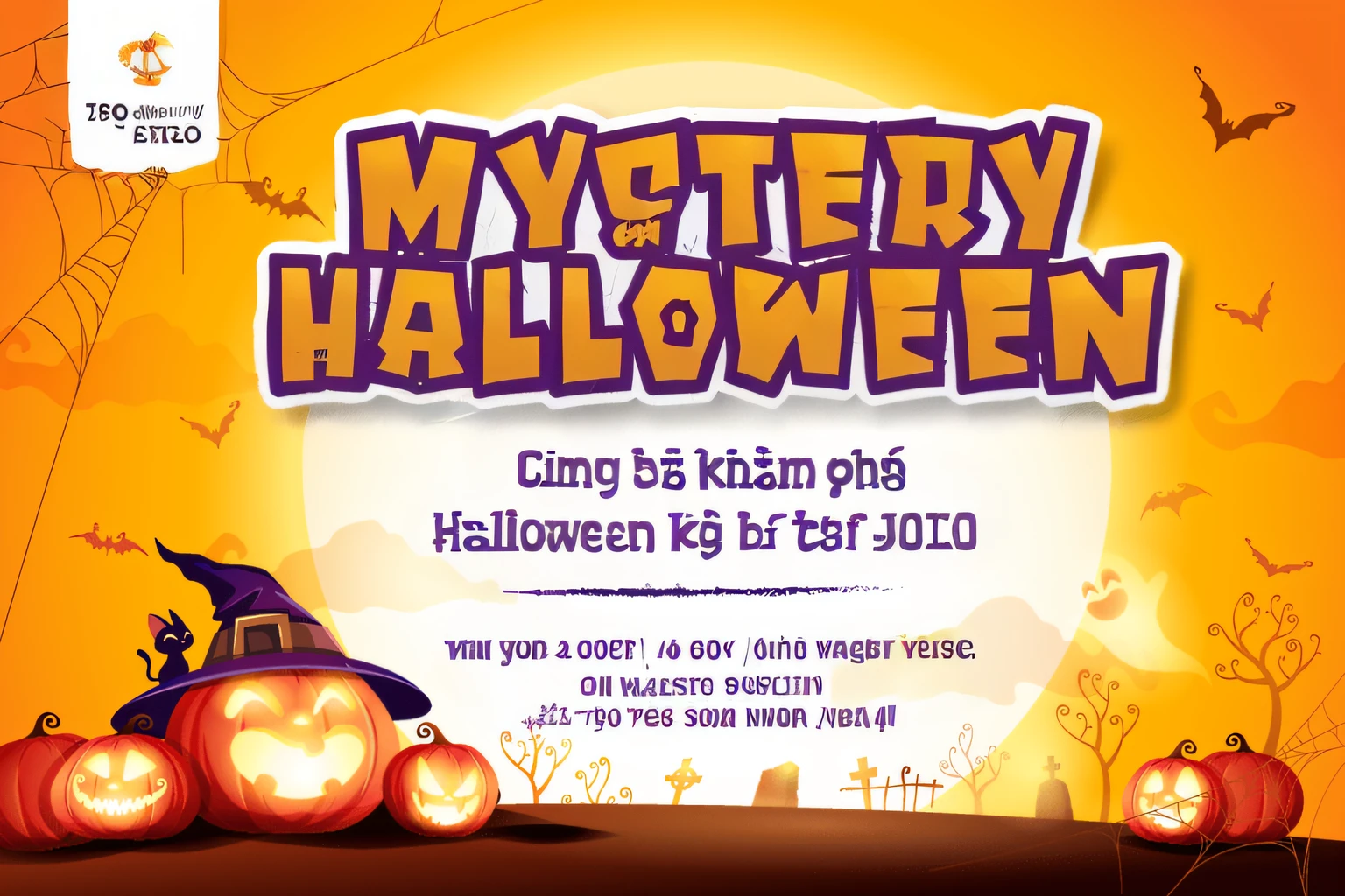 a close up of a flyer with pumpkins and a witch hat, halloween, mystery, mysterious!, mystery horror, full details, halloween celebration, 💣 💥, halloween theme, detailed image, mysterious, full image, halloween film, halloween night, 💣 💥💣 💥, 🕹️ 😎 🔫 🤖 🚬, costume, trailer, halloween atmosphere, 🕹️ 😎 🚬