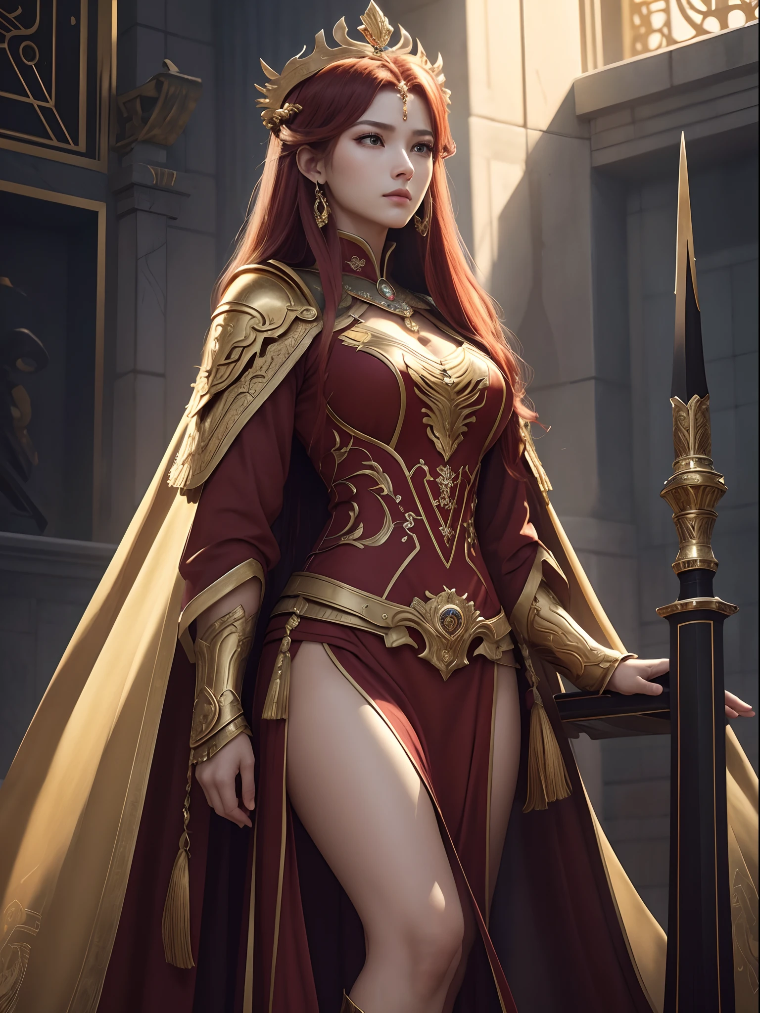 Gold and red tones、Fantasia、Scorching Flame、the wind、Babylonia、Eventide、Best Quality, Very high resolution, 4K Detail CG, master piece、aesthetics、Mysterious、Queen of Thrones、Charisma、Ishtar, Goddess of War、Increase your fighting spirit、Invincible Great General、Be brave and bold、brave、great、rigor、Awe-inspiring Hall々、glorias、Prestige、Veteran Hero、Unparalleled beauty with a keen gaze、Rin々Right、Guardians of Lions、refinement、noble、Proud、Wearing noble jewelry、Equip your weapons、The appearance is luxurious and golden armor、cloaks、tall and slender、Long hair with fiery red hair、thirds rule、Perfect Angle、perfect-composition、low angles、Perfect light and shadow contrast、(((masterpiece)))、(((top-quality)))、((ultra-definition))、(High Definition CG Illustration)、((extremely delicate and beautiful))、Cinematic Light、)