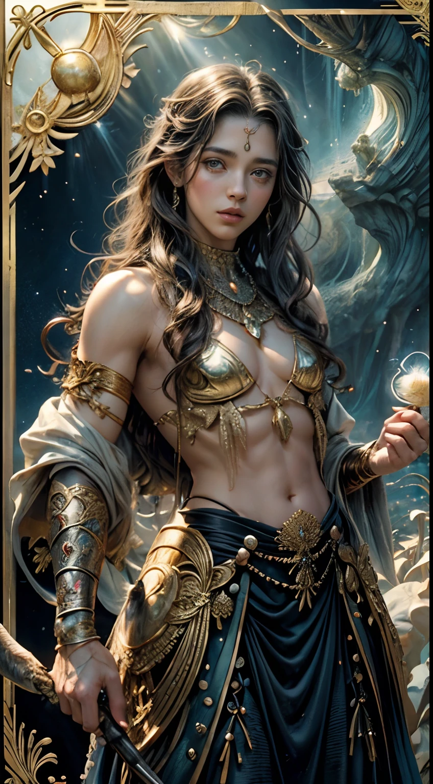 tarot cards,Full tarot border,(The image is surrounded by a tarot card-style border:1.8), 1 man,Zeus,heavenly gods, robust,(Hairstyles: Exposed flesh curls),cabellos largos dorados,sbeard,Roman mythology Unity 8k wallpaper, Ultra-detailed, Beautiful and aesthetically pleasing, tmasterpiece, best qualityer, (s fractal art: 1.3), mountain ranges, Extremely detailed, dynamic angle, Cowboy shot, The most beautiful forms of chaos, elegant, Fauvistdesign, vivd colour, romanticism lain, Seafoam, Buble, shells, Fish, pearls,mountain ranges, Buble, shells, hawk, pearls,Take the Spear of Thunder,Hold the lightning,Vintage style,Well-developed muscles,(zentangle,datura,Tangles,entangled), (s fractal art: 1.3),holy rays,gold foil,Gold leaf art,glitter drawing