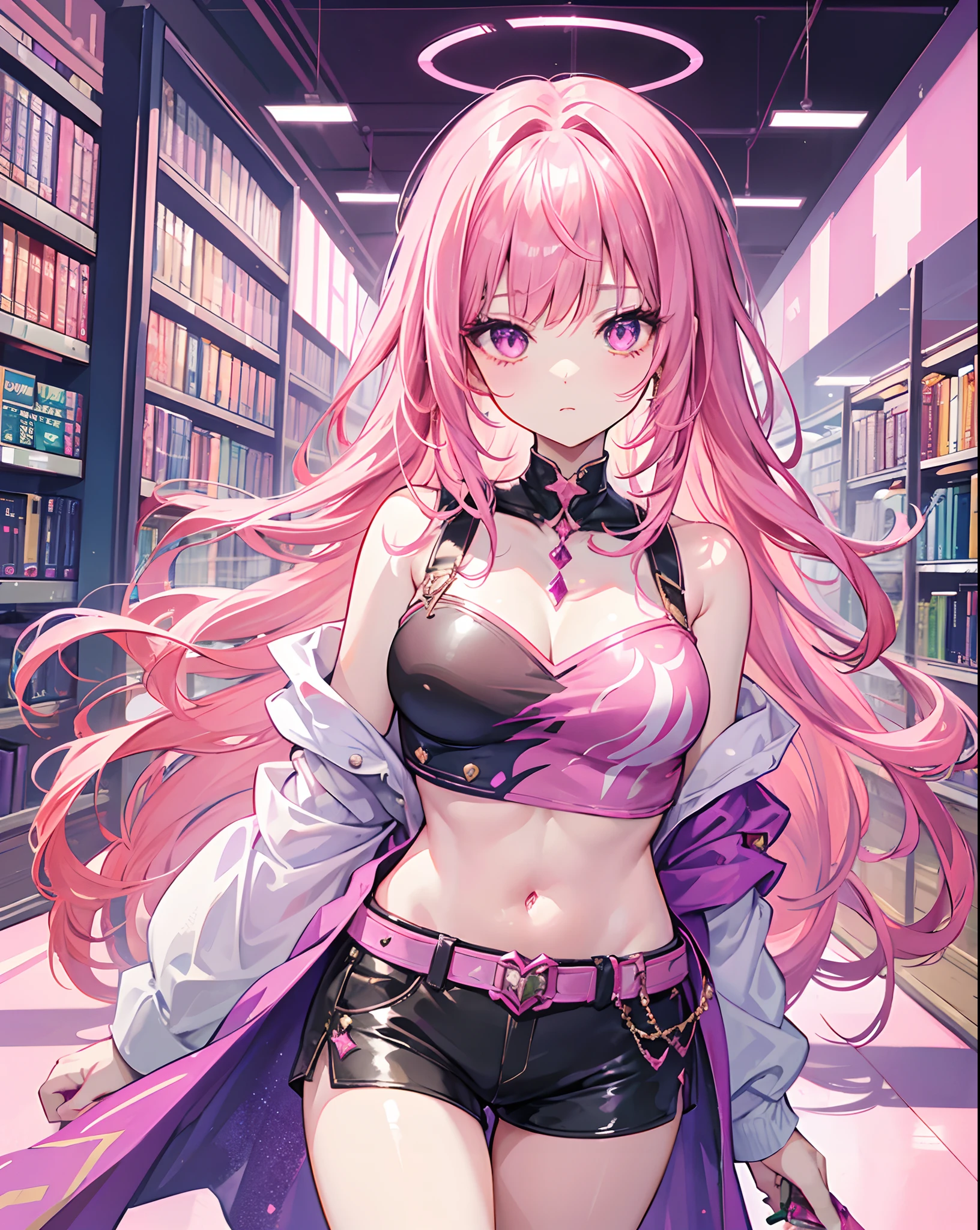 digital art, soft and fantasy style, an anime girl, pretty face, pretty hair, (glittery hair), pink-purple colored hair, shining ruby-like eyes, looks very confident, not NSFW, wearing fantasy tops and shorts, (VERY glittery), wearing fantasy jewelry, (glittery), omit ugly hands, standing, in a city library, cozy atmospheres