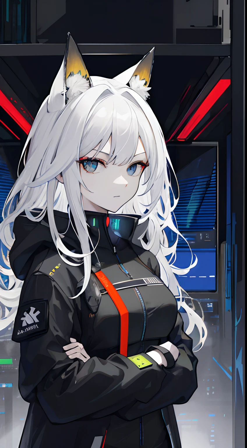 (absurdres, highres, ultra detailed), 1woman, mature female, aged up, wavy long hair, white hair, black eyes, bangs, long sleeves, finely detailed eyes and detailed face, extremely detailed CG unity 8k wallpaper, intricate details, portrait, looking at viewer, solo, (full body:0.6), detailed background, detailed face, (matrix theme:1.1) evil high-tech futuristic hacker,  advanced technology, hoodie, techwear, wearable device, keycard, cables, head-up display, blue (holographic display:1.05), access granted,   cybersecurity, server room in background, orange lights,  dark sinister atmosphere, , portrait, wind swirling