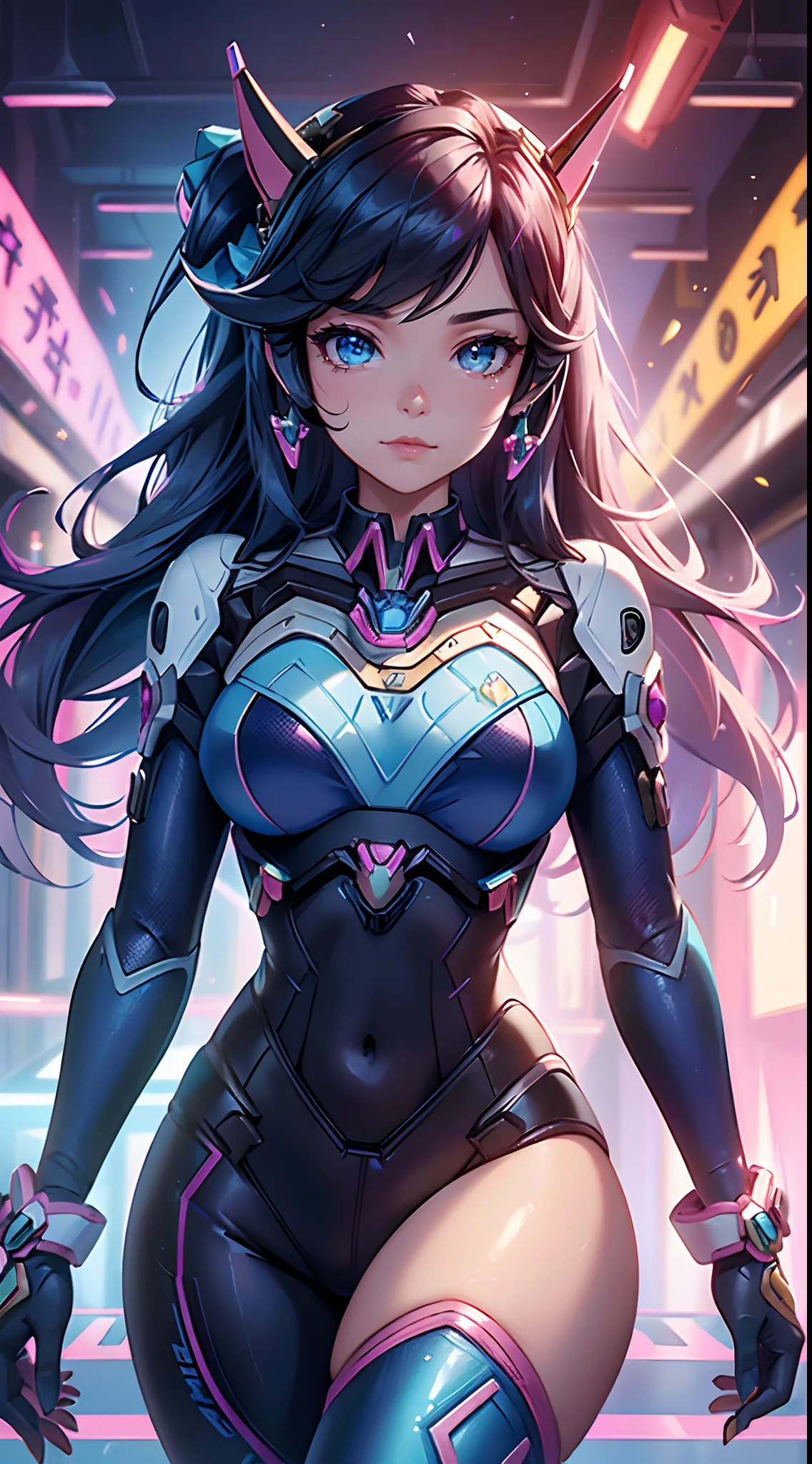 mejor calidad，tmasterpiece，ultimate resolution，Suave，extremadamente colorido，De color，Princesa sirena，(D.Va from overwatch wearing her original blue suit:1.4)，Medias de tirantes negras，Starrysky Android!,More detailed 8K.motor irreal:1.4,UHD,La mejor calidad:1.4, fotorrealista:1.4, textura de la piel:1.4, obra maestra:1.8,obra-prima, mejor calidad,objeto Objeto], (detailed face features:1.3),(Laboratorio Robotizado azul:1.4),(cabello rosado largo:1.4),（Beautiful and detailed eye description）,(manos:1.4)
