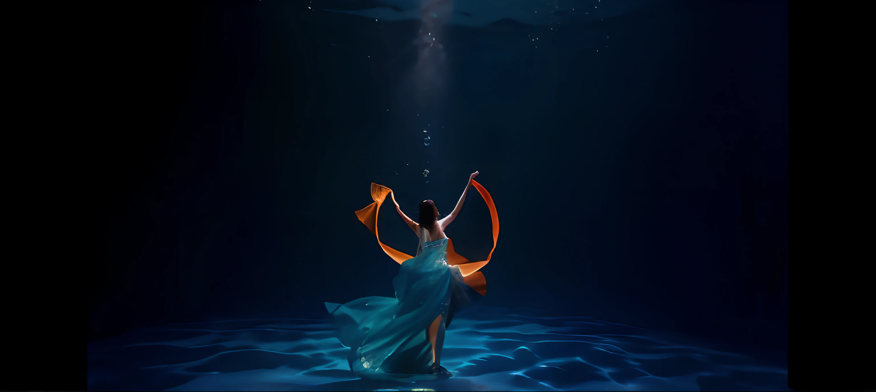 A woman in a long dress holds a ring in the water, underwater photography, miss aniela, submerged temple dance scene, wearing a dress made of water, dress made of water, underwater photo, inspired by Maciej Kuciara, stunning cinematography, queen of the sea mu yanling, underwater photo, underwater shot, cinematic goddess shot, chinese ribbon dance，Dunhuang Flying Sky