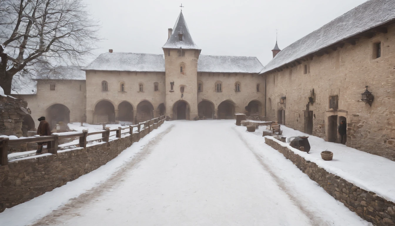 exterior of eastern european castle medieval stables, cobbled pathway leading to entrance, snow, winter, day, (best quality,4k,8k,highres,masterpiece:1.2),ultra-detailed,(realistic,photorealistic,photo-realistic:1.37) cinematic, cinematic scene from film, lively ambience, busy stables, guests arriving
