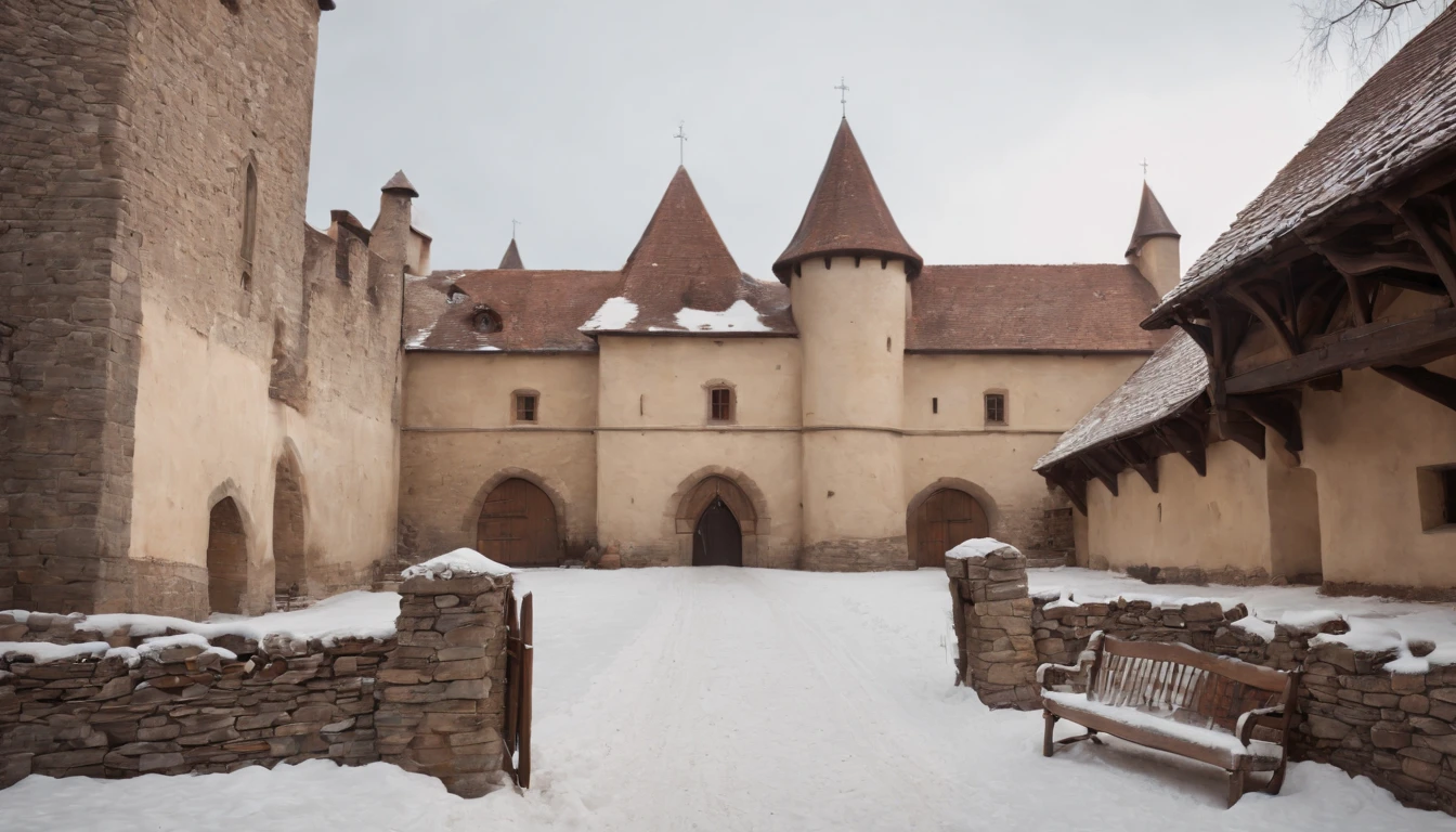 exterior of eastern european castle medieval stables, cobbled pathway leading to entrance, snow, winter, day, (best quality,4k,8k,highres,masterpiece:1.2),ultra-detailed,(realistic,photorealistic,photo-realistic:1.37) cinematic, cinematic scene from film, lively ambience, busy stables, guests arriving