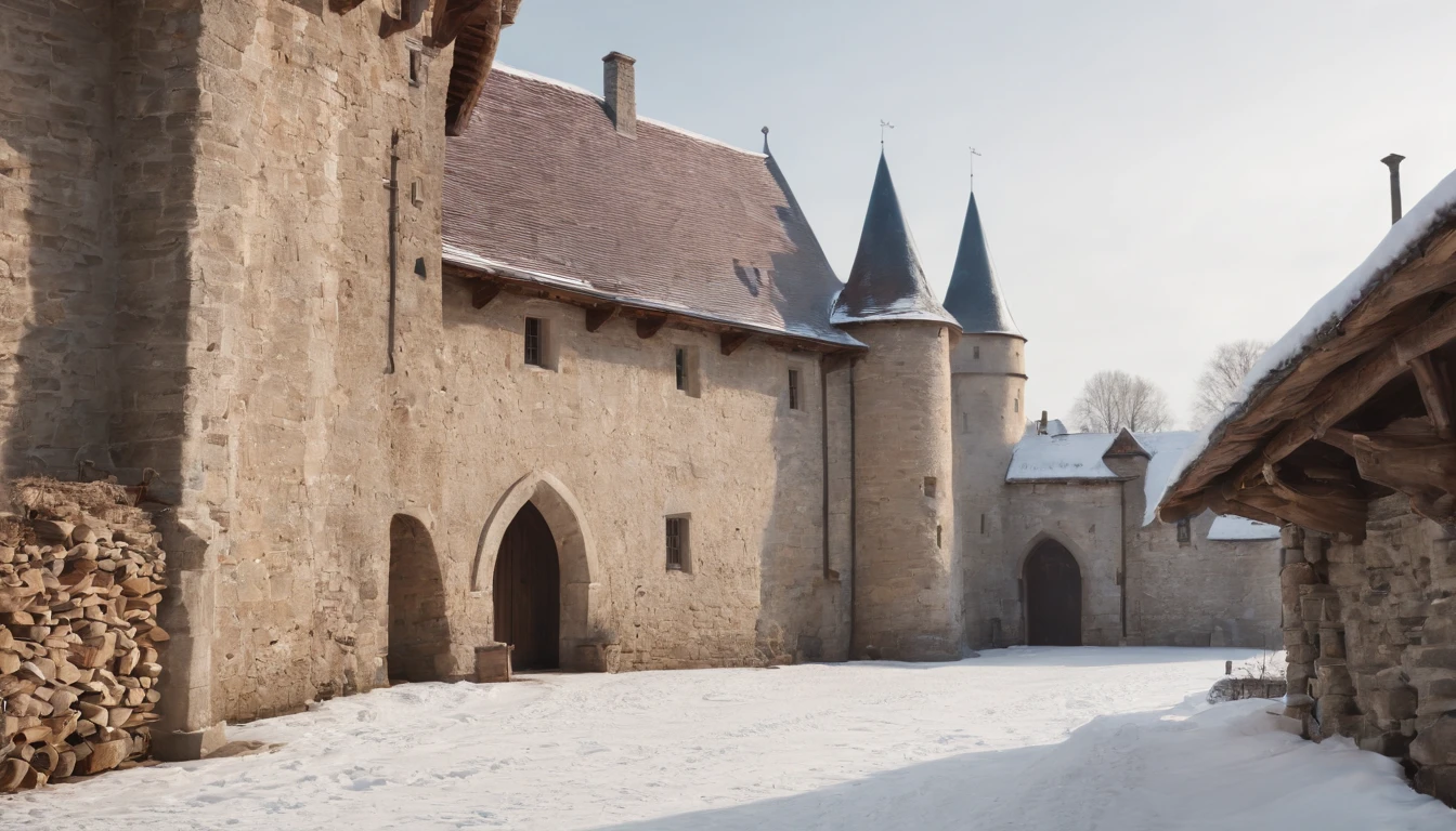 exterior of eastern european castle medieval stables, cobbled pathway leading to entrance, snow, winter, day, (best quality,4k,8k,highres,masterpiece:1.2),ultra-detailed,(realistic,photorealistic,photo-realistic:1.37) cinematic, cinematic scene from film, lively ambience, busy stables, guests arriving