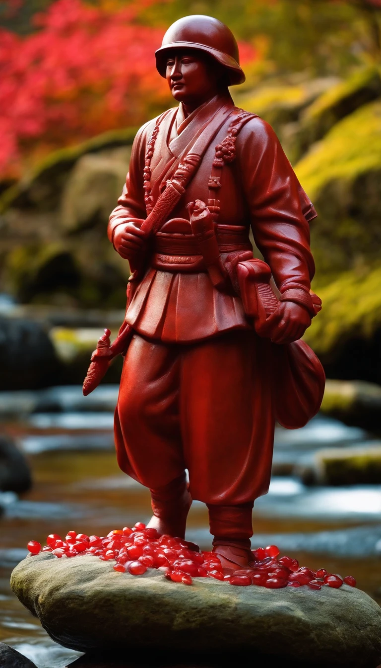 Statue of a Japanese soldier made of red jade placed on a rock in the stream