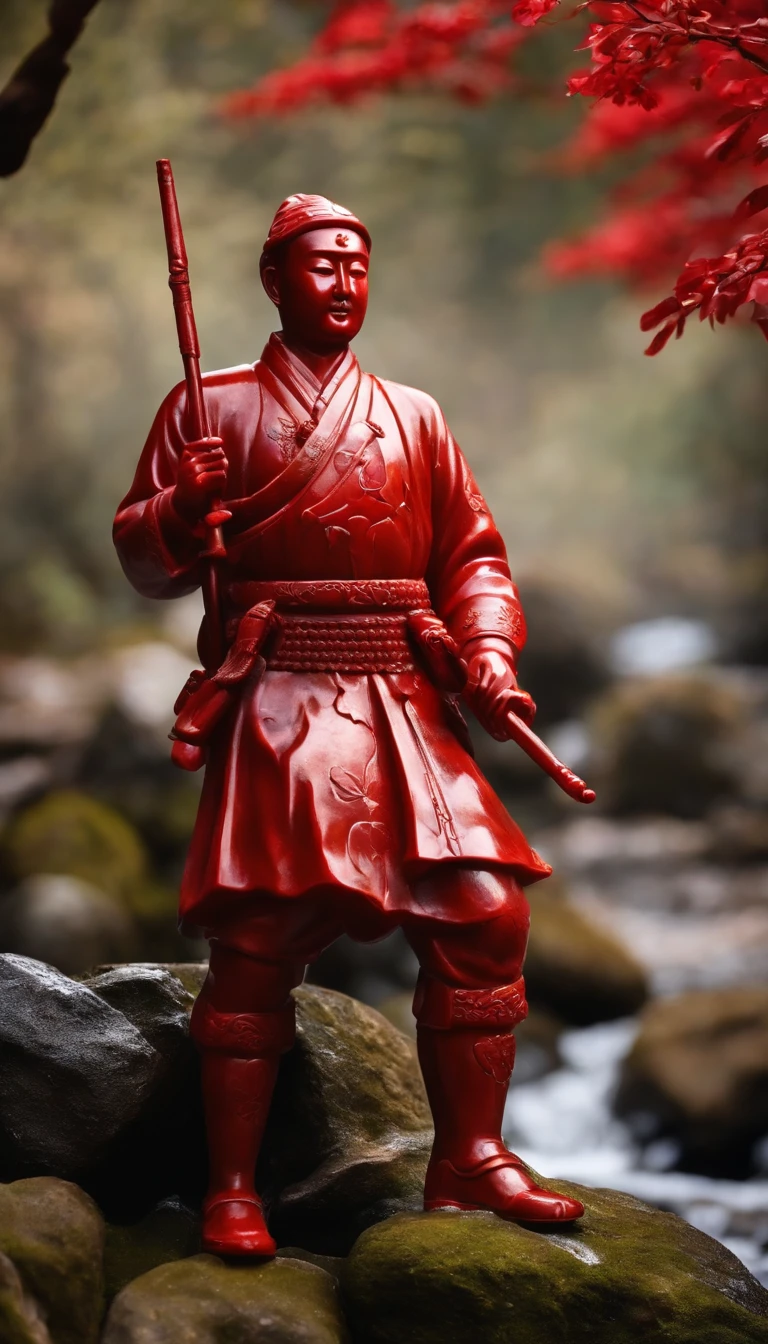 Statue of a Japanese soldier made of red jade placed on a rock in the stream