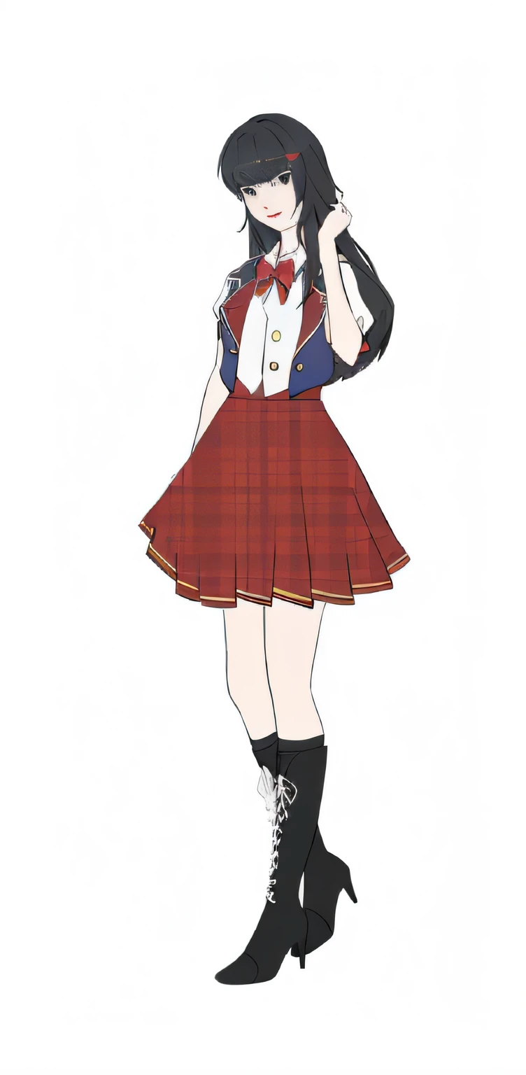 Anime girl in red and white dress and black boots, Marin Kitagawa fanart, attractive matoi ryuko, anime full body illustration, Magical school student uniform, Yandere. Tall, Single character full body, magic school uniform, seifuku, nagatoro, !!Full body portrait!!, Beautiful Anime High School Girls, akane owari danganronpa