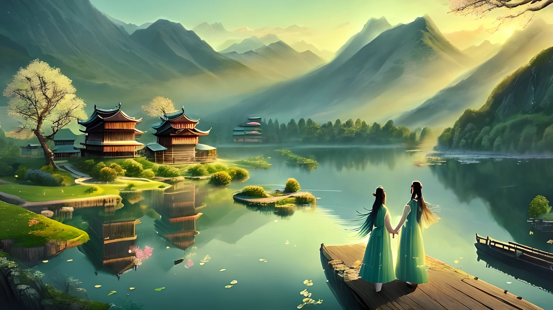 On the cover is a quiet and beautiful old village,Surrounded by green mountains,The lake is crystal clear。The first rays of morning light appeared in the sky,They are bright and warm。Xiaomei and her friends held hands,Ready to go。