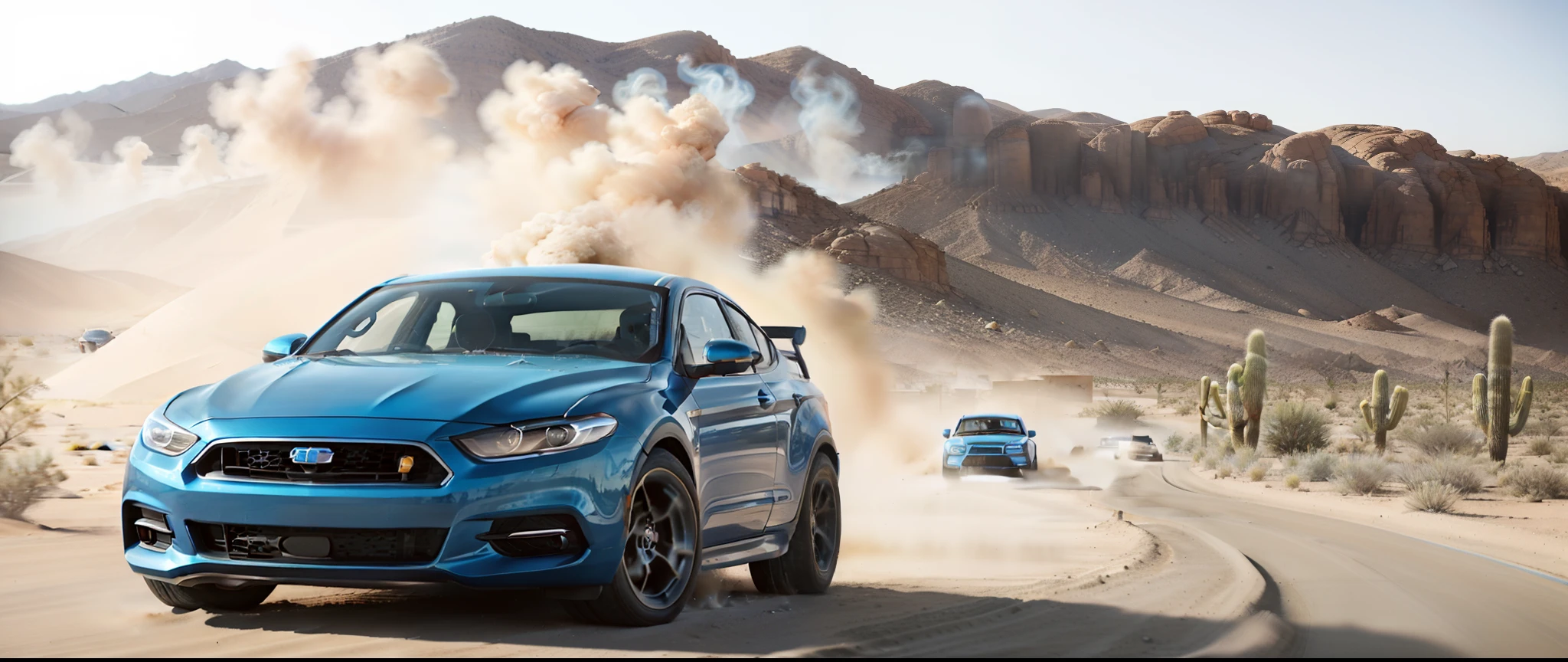 A blue Alfed car driving on a desert road, Kick up dust, automotive photography, Smoking tires, Desert landscape, automotive photography, environmental shot, Edited, Exercise, car shot, Commercial vehicle photos, Portrait shooting, auto photography, Smoke behind the wheels, Car photos, full view of a sport car, in the desert, advertising photograph.